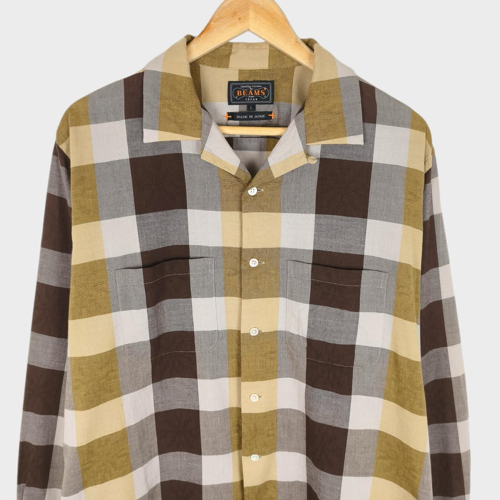 BEAMS PLUS Men's Made in Japan Checked Camp Collar Shirt