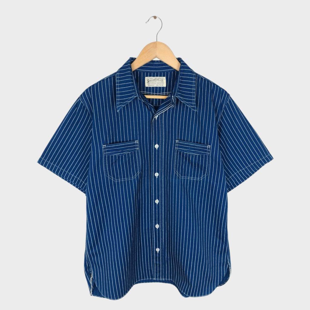 SUGAR CANE Men's Made in Japan Indigo Blue Wabash Stripe Short Sleeved Shirt