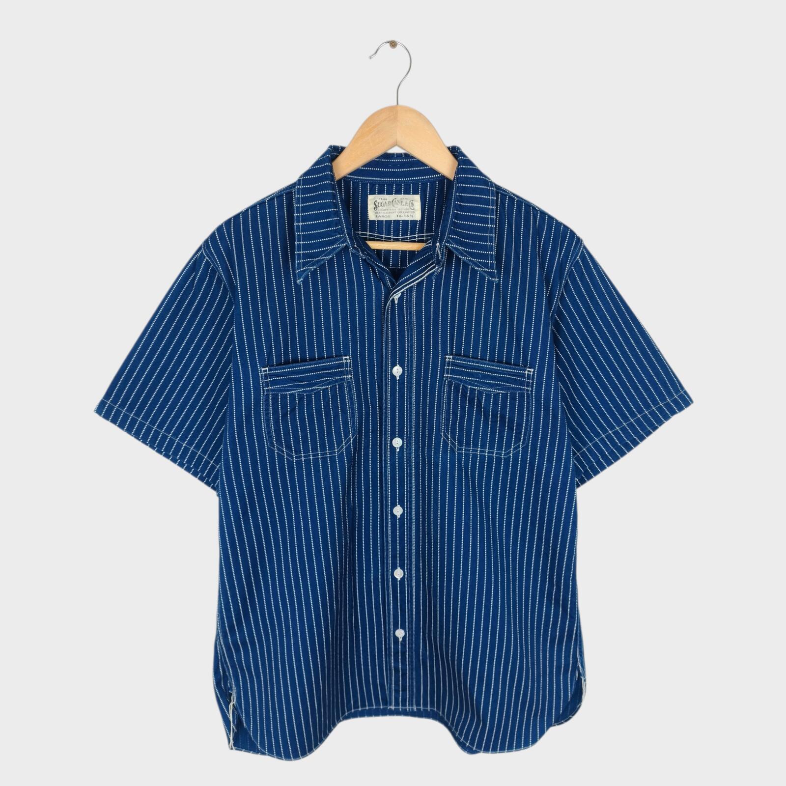 SUGAR CANE Men's Made in Japan Indigo Blue Wabash Stripe Short Sleeved Shirt