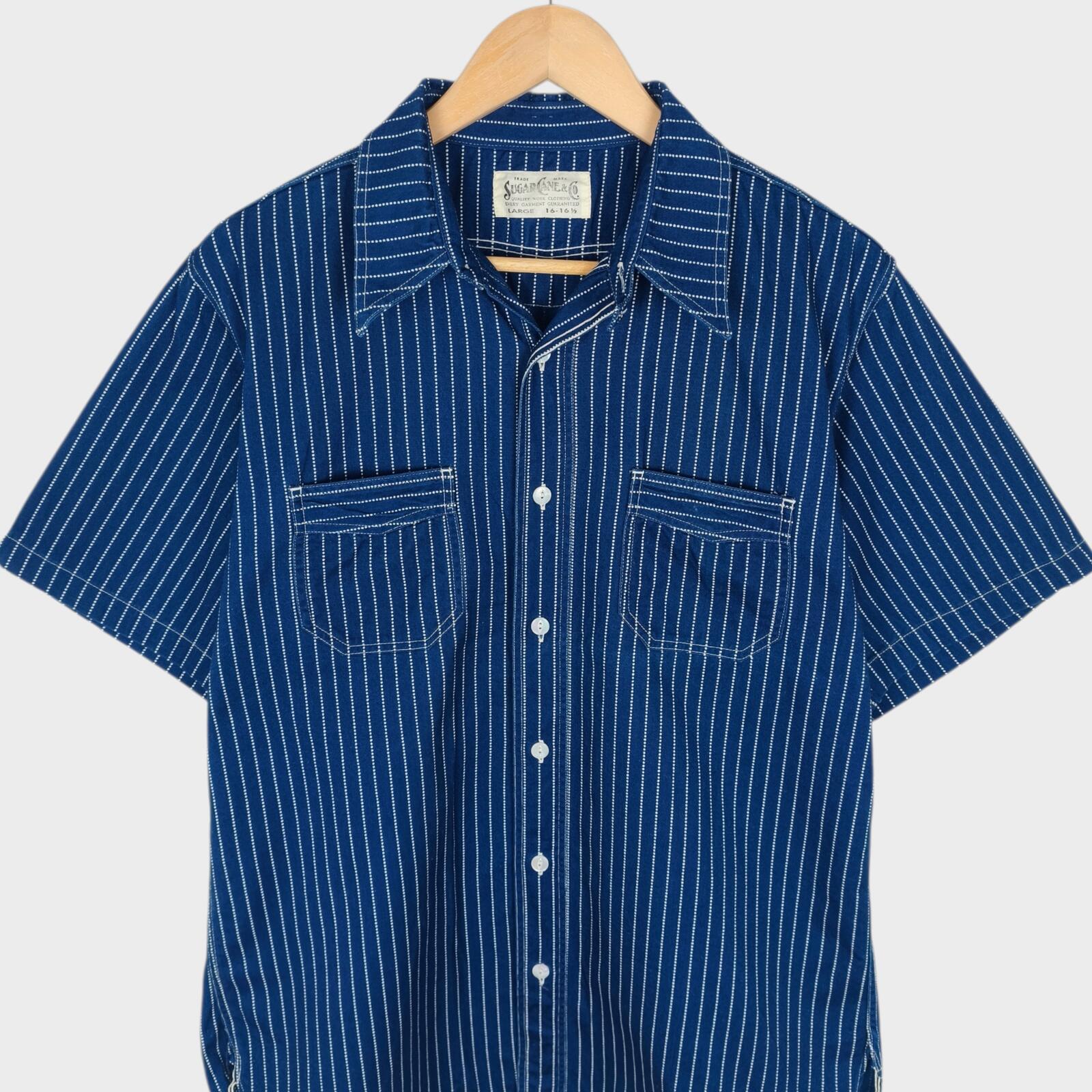 SUGAR CANE Men's Made in Japan Indigo Blue Wabash Stripe Short Sleeved Shirt