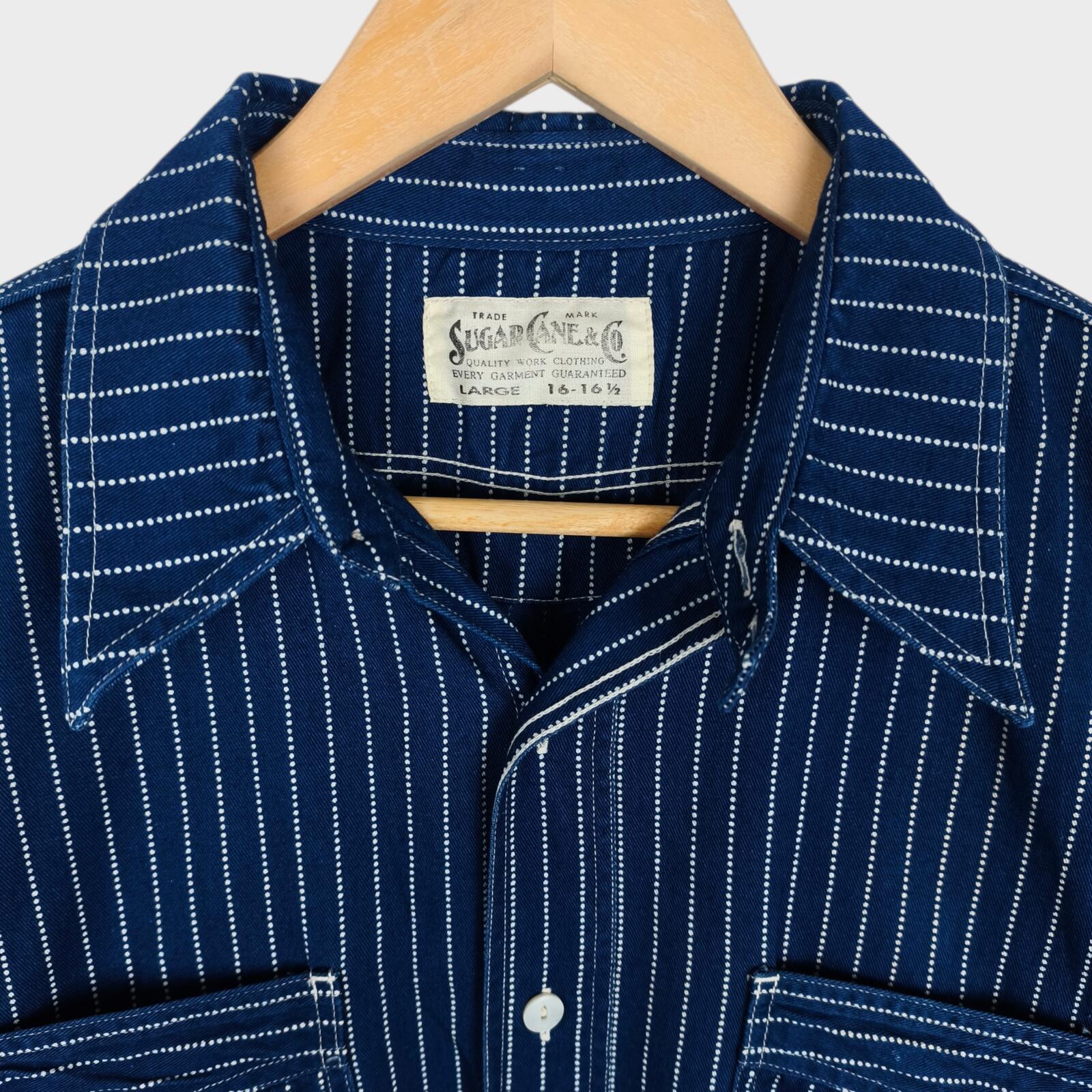 SUGAR CANE Men's Made in Japan Indigo Blue Wabash Stripe Short Sleeved Shirt