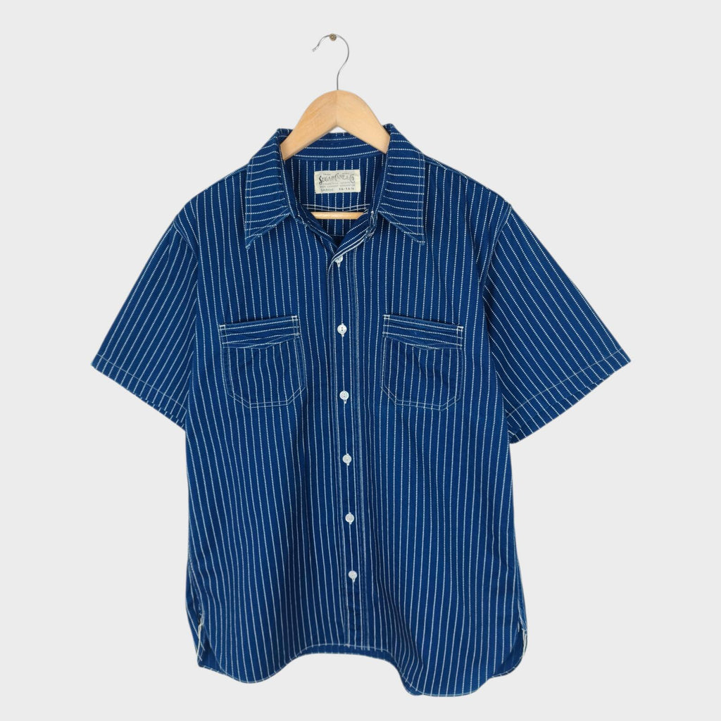 SUGAR CANE Men's Made in Japan Indigo Blue Wabash Stripe Short Sleeved Shirt