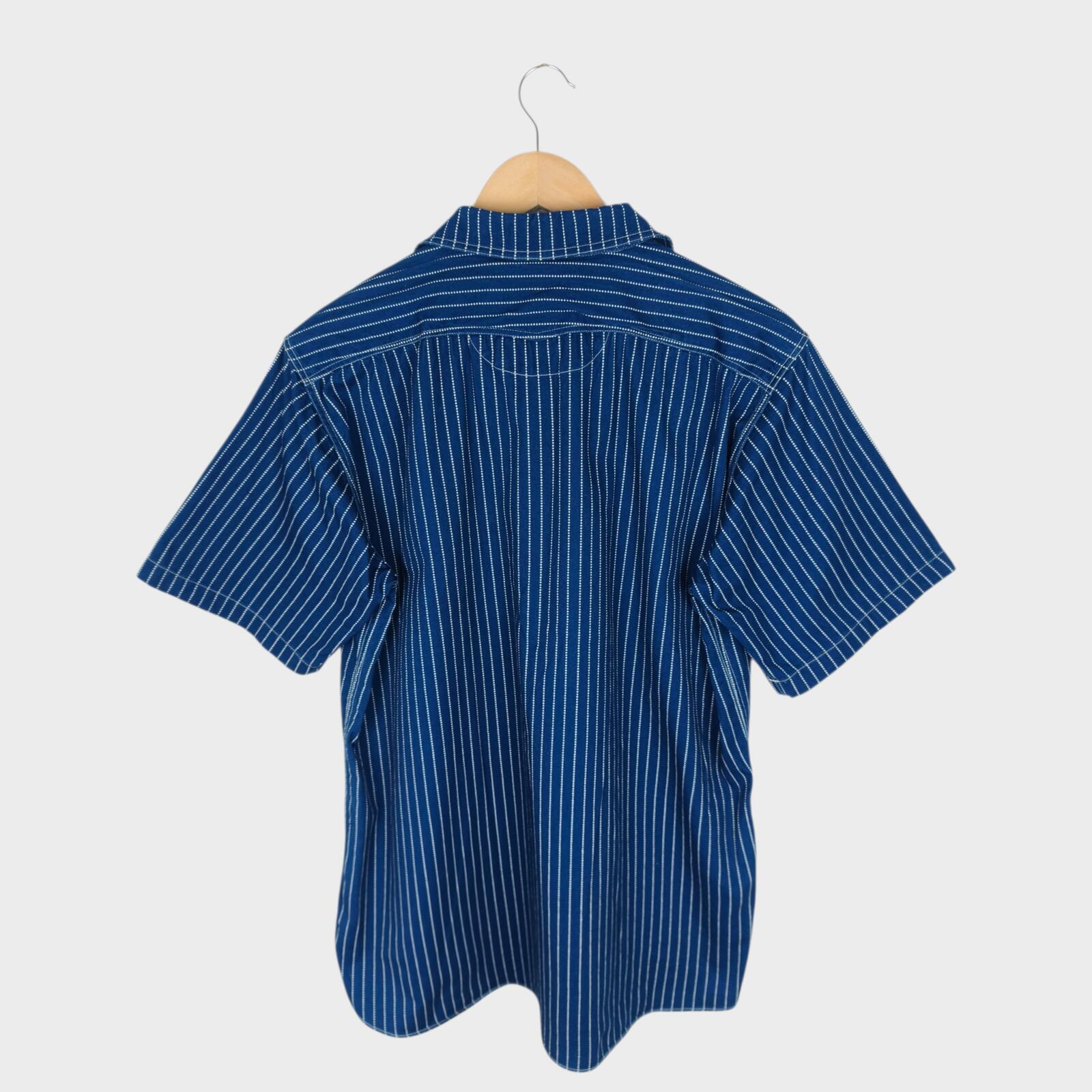 SUGAR CANE Men's Made in Japan Indigo Blue Wabash Stripe Short Sleeved Shirt