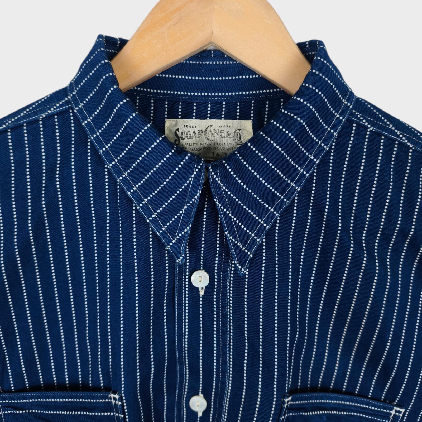SUGAR CANE Men's Made in Japan Indigo Blue Wabash Stripe Short Sleeved Shirt