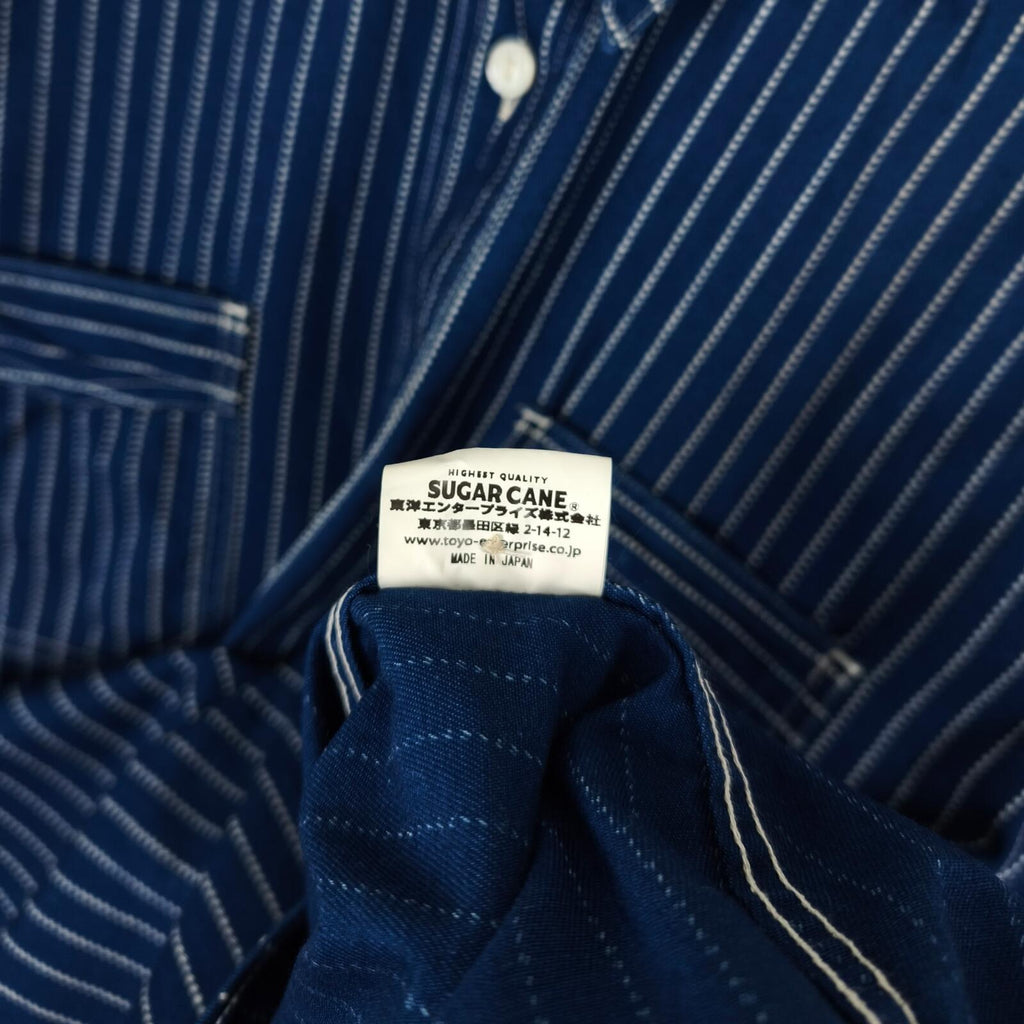 SUGAR CANE Men's Made in Japan Indigo Blue Wabash Stripe Short Sleeved Shirt