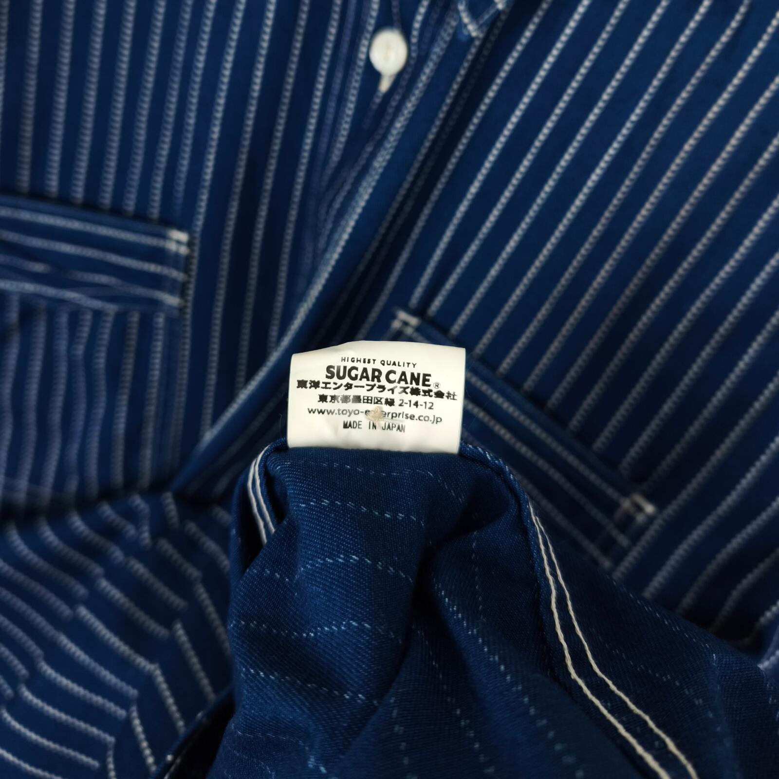 SUGAR CANE Men's Made in Japan Indigo Blue Wabash Stripe Short Sleeved Shirt