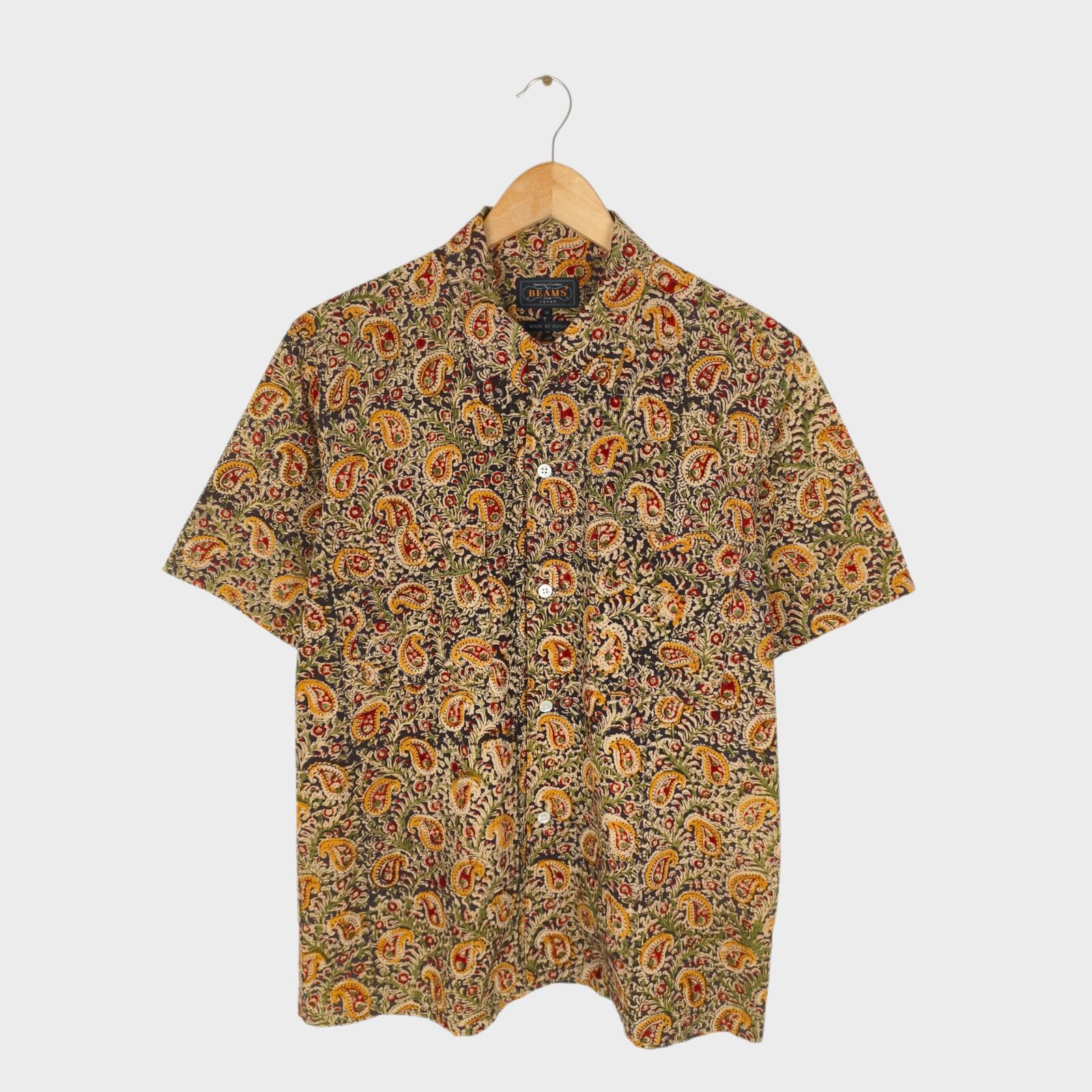 BEAMS PLUS Men's Made in Japan Floral Paisley Print Camp Collar Vacation Shirt