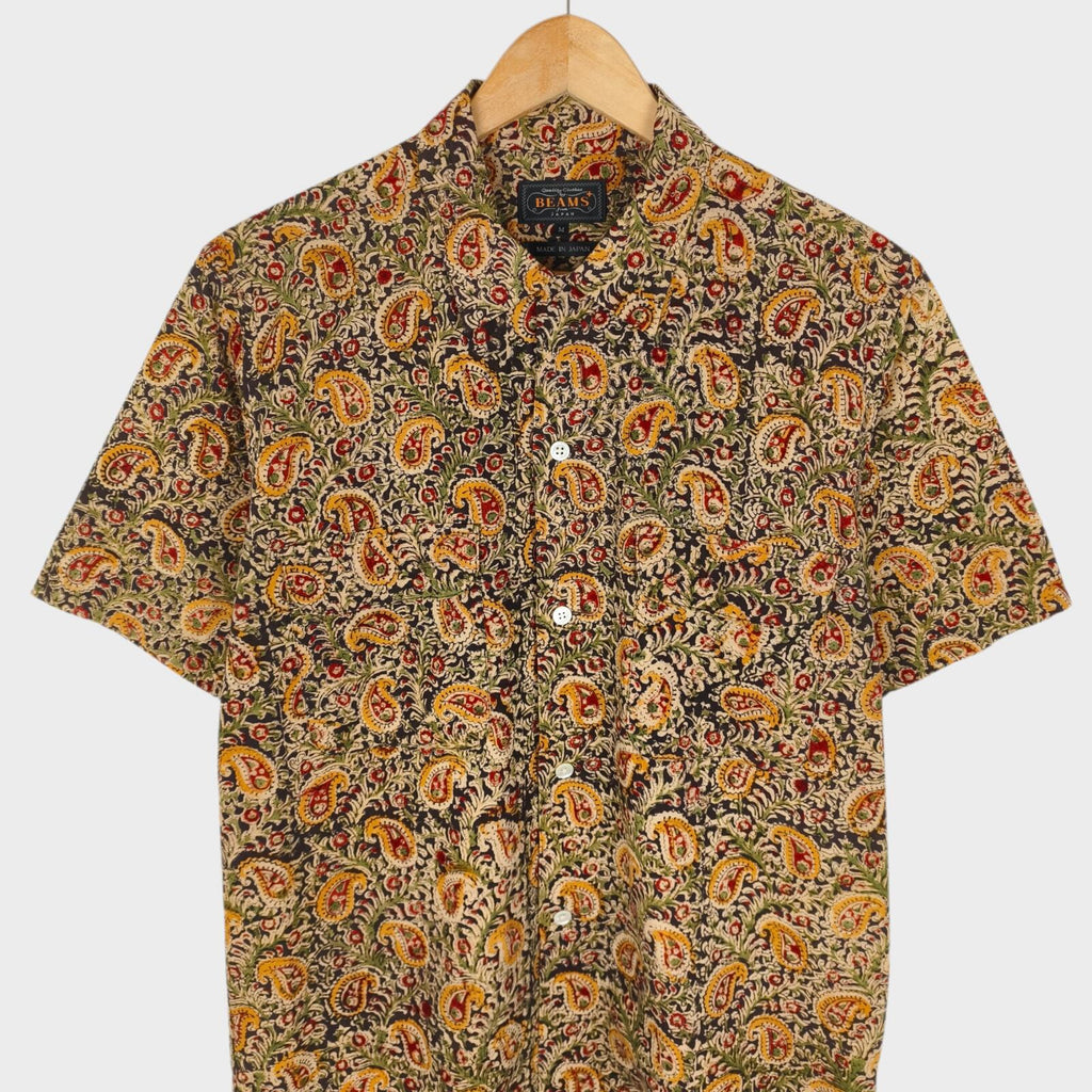 BEAMS PLUS Men's Made in Japan Floral Paisley Print Camp Collar Vacation Shirt