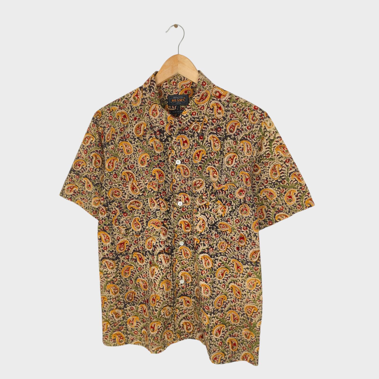 BEAMS PLUS Men's Made in Japan Floral Paisley Print Camp Collar Vacation Shirt