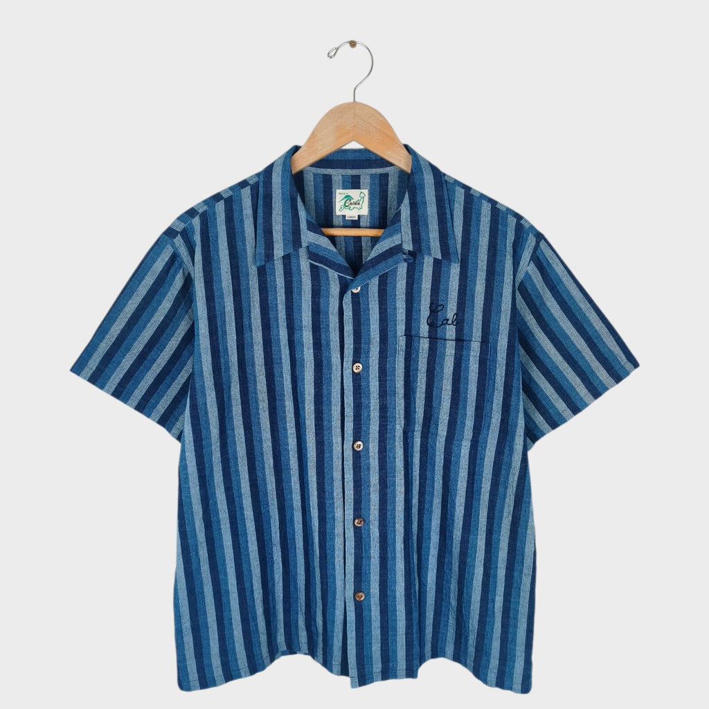 CALEE Men's Made in Japan Blue Striped Short Sleeved Chain Stitch Embroidered Shirt