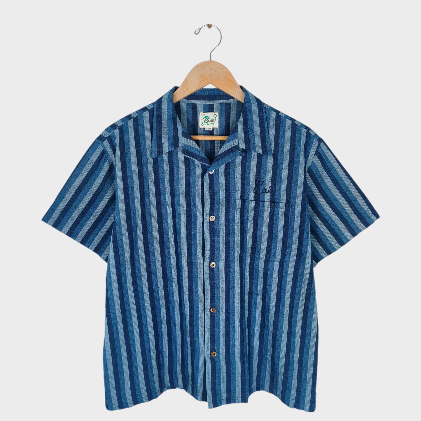 CALEE Men's Made in Japan Blue Striped Short Sleeved Chain Stitch Embroidered Shirt