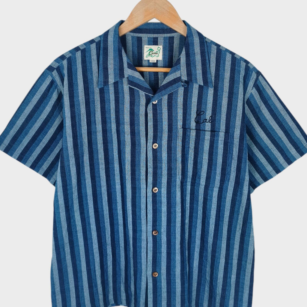 CALEE Men's Made in Japan Blue Striped Short Sleeved Chain Stitch Embroidered Shirt