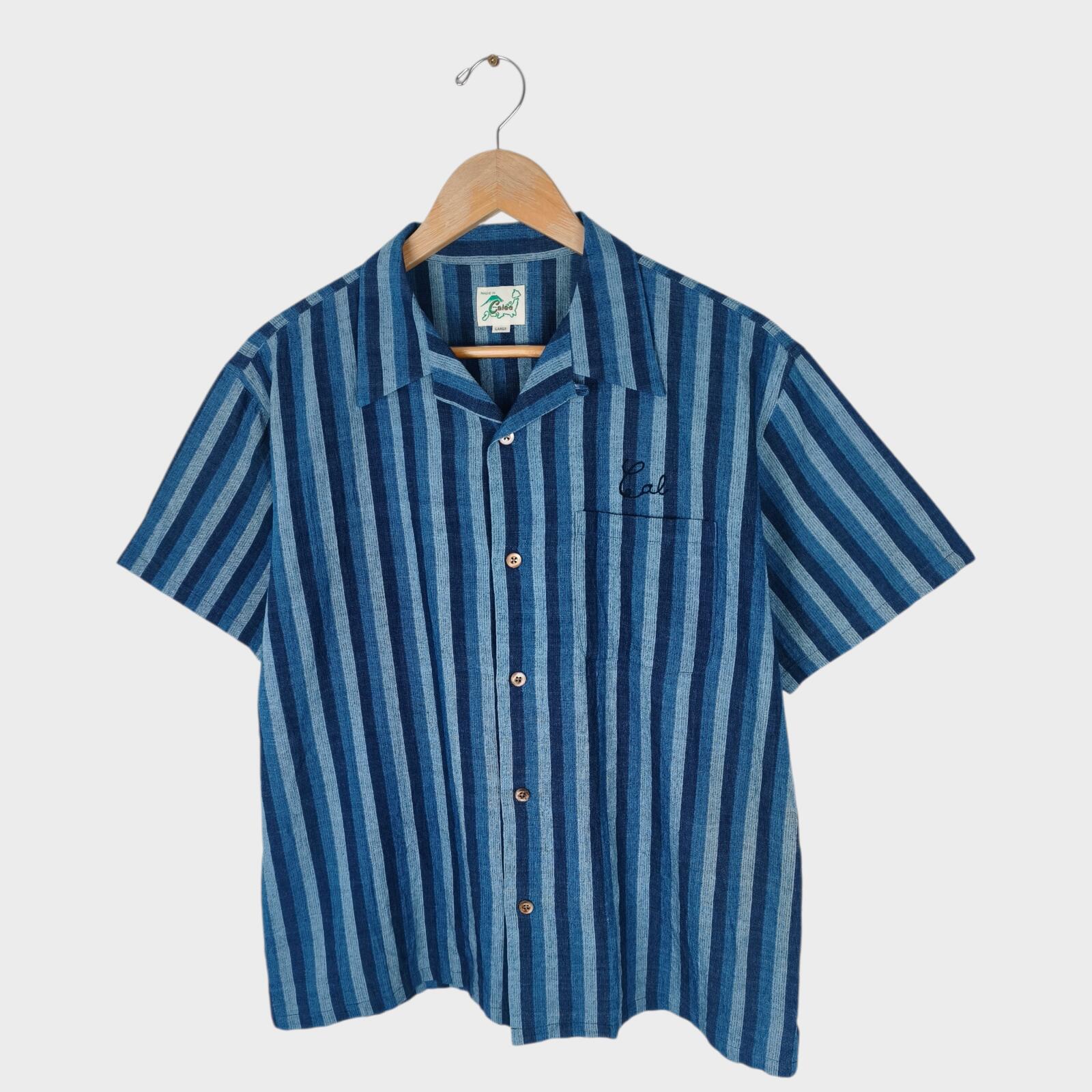 CALEE Men's Made in Japan Blue Striped Short Sleeved Chain Stitch Embroidered Shirt