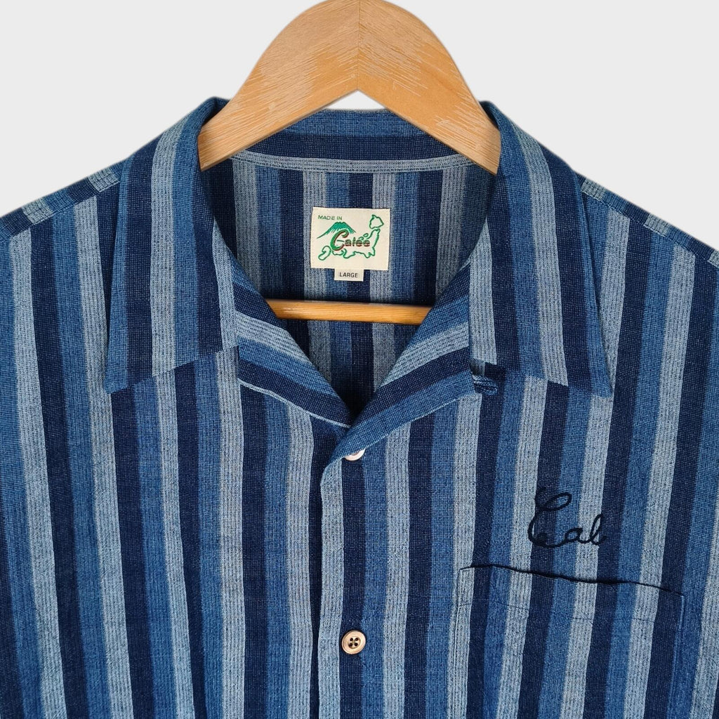 CALEE Men's Made in Japan Blue Striped Short Sleeved Chain Stitch Embroidered Shirt