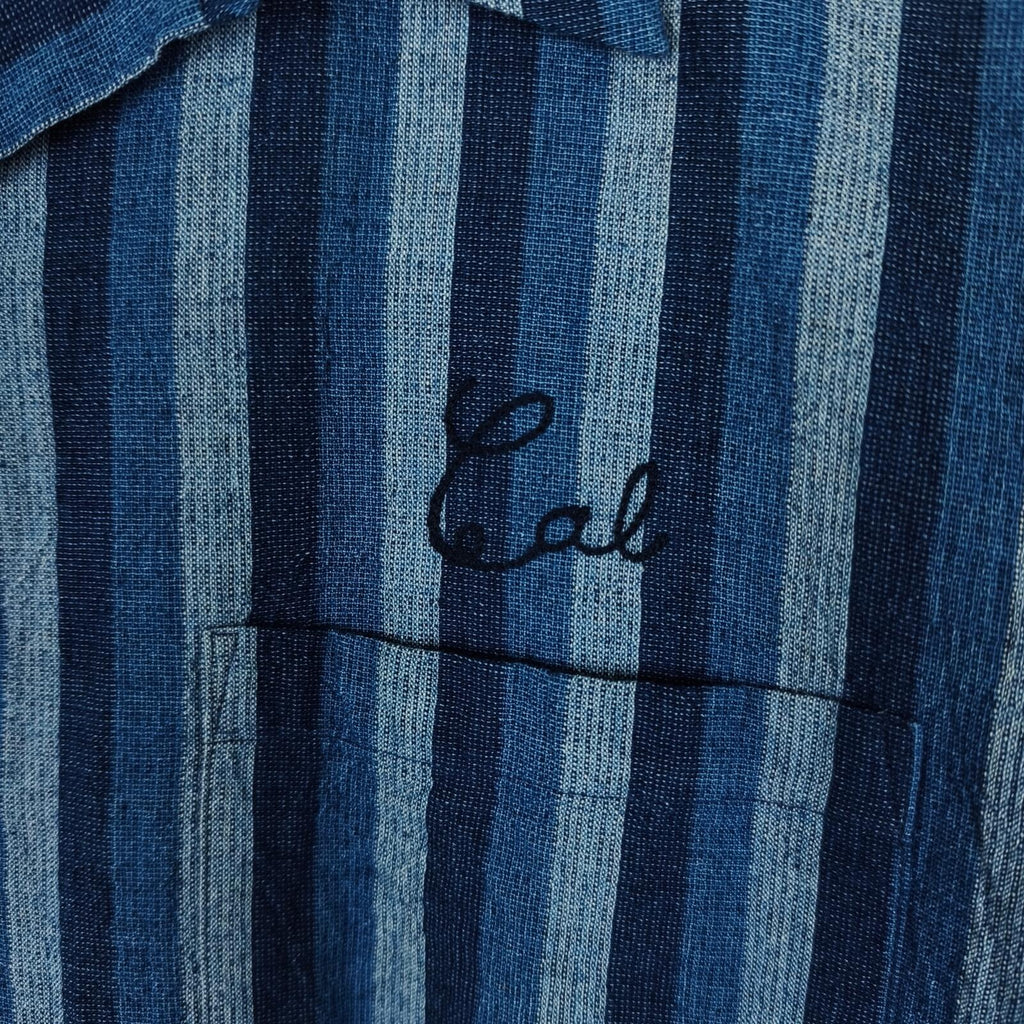 CALEE Men's Made in Japan Blue Striped Short Sleeved Chain Stitch Embroidered Shirt