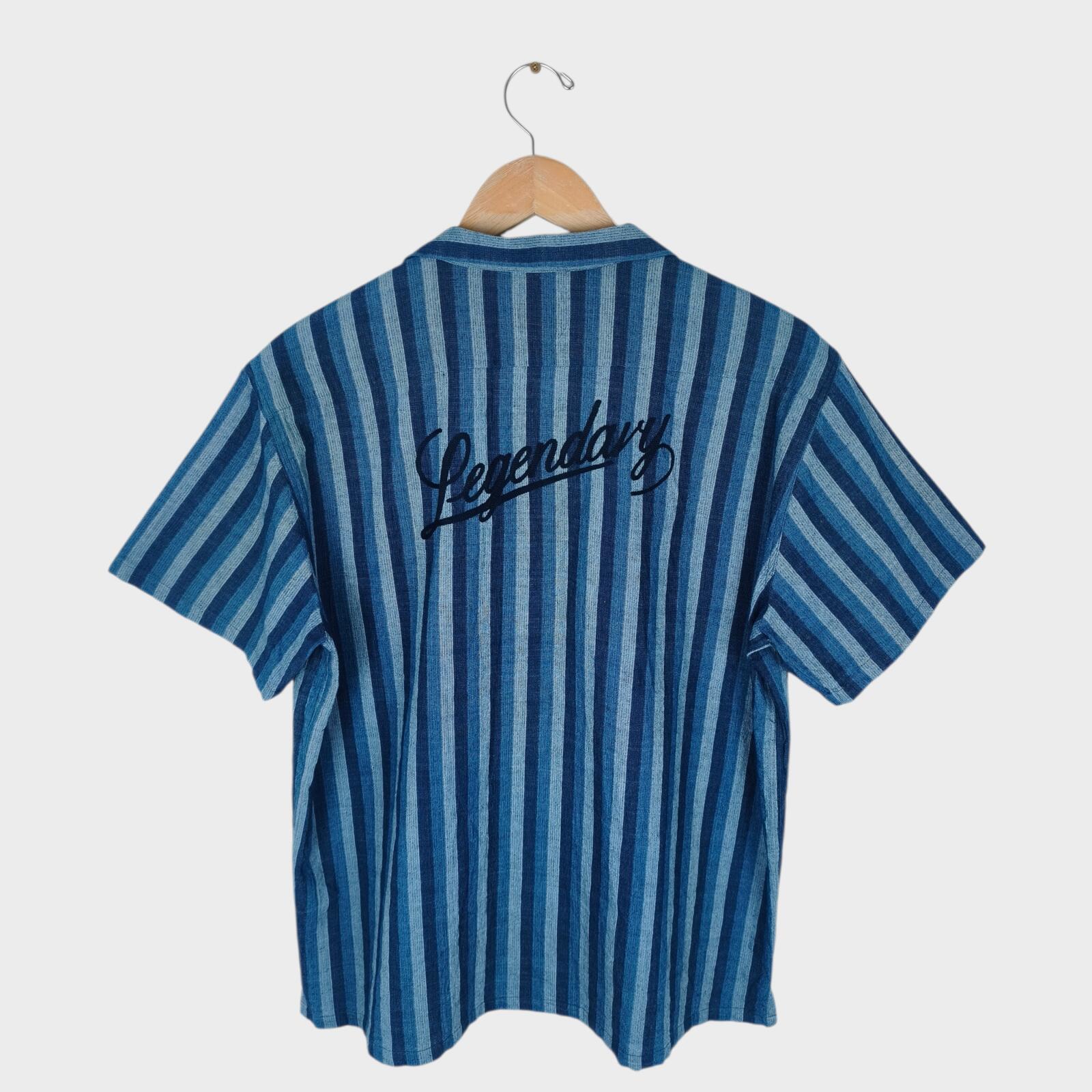 CALEE Men's Made in Japan Blue Striped Short Sleeved Chain Stitch Embroidered Shirt