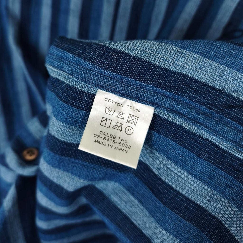 CALEE Men's Made in Japan Blue Striped Short Sleeved Chain Stitch Embroidered Shirt