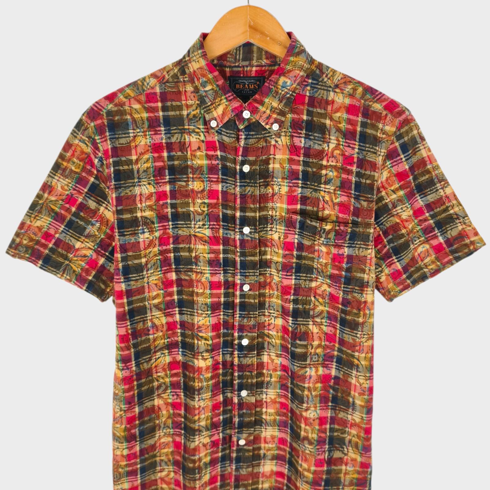 BEAMS PLUS Men's Made in Japan Floral Madras Button Down Shirt
