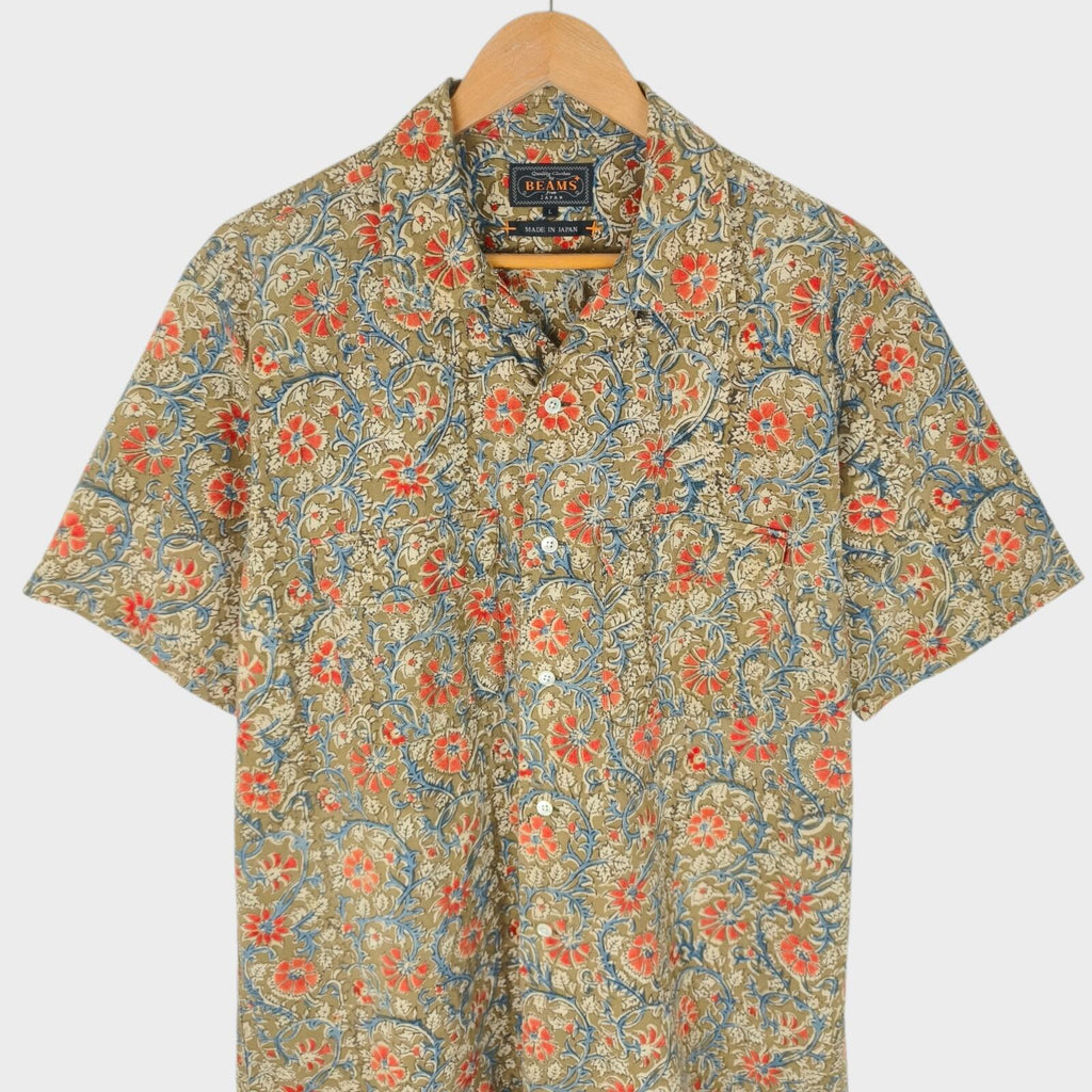 BEAMS PLUS Men's Made in Japan Floral Print Camp Collar Vacation Shirt