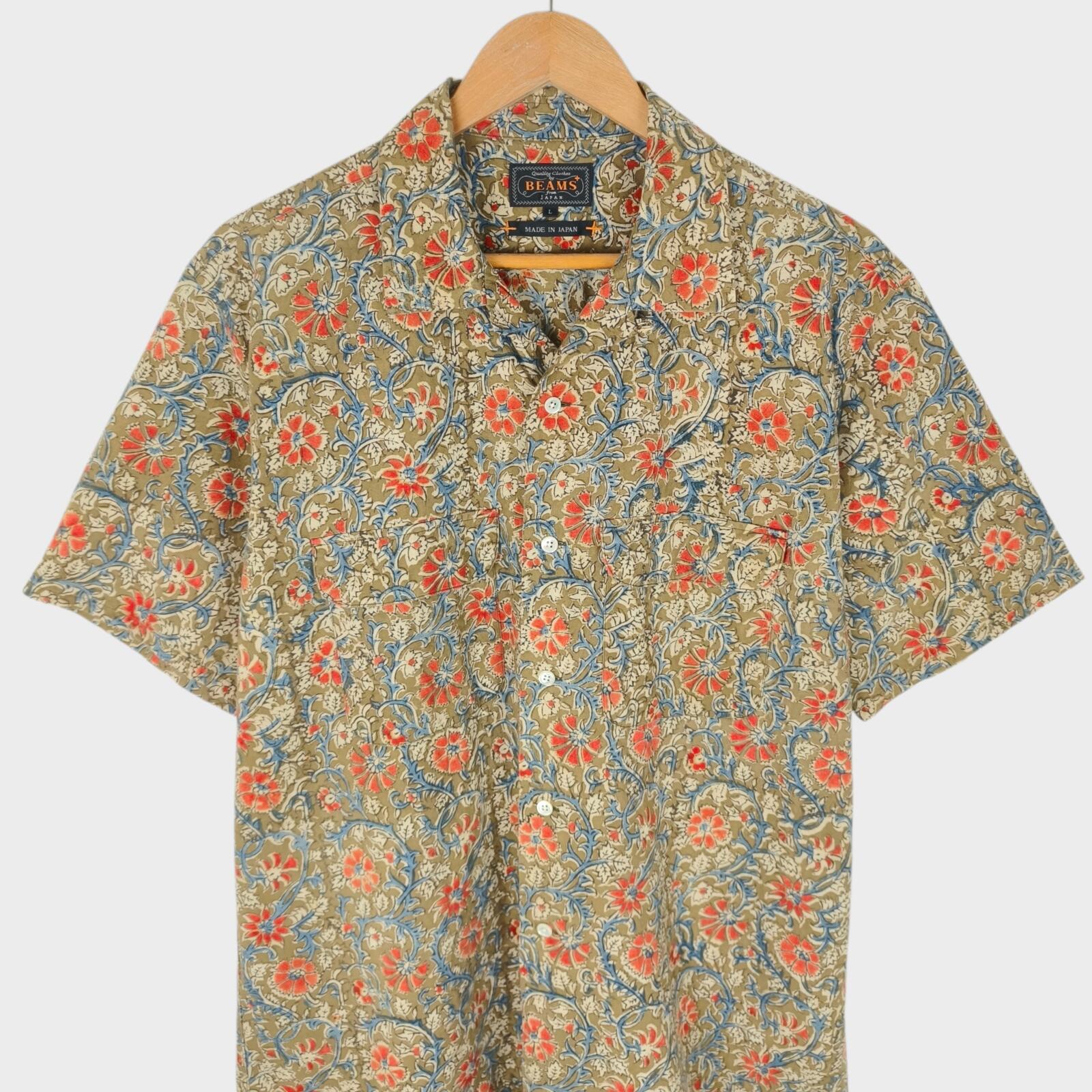BEAMS PLUS Men's Made in Japan Floral Print Camp Collar Vacation Shirt