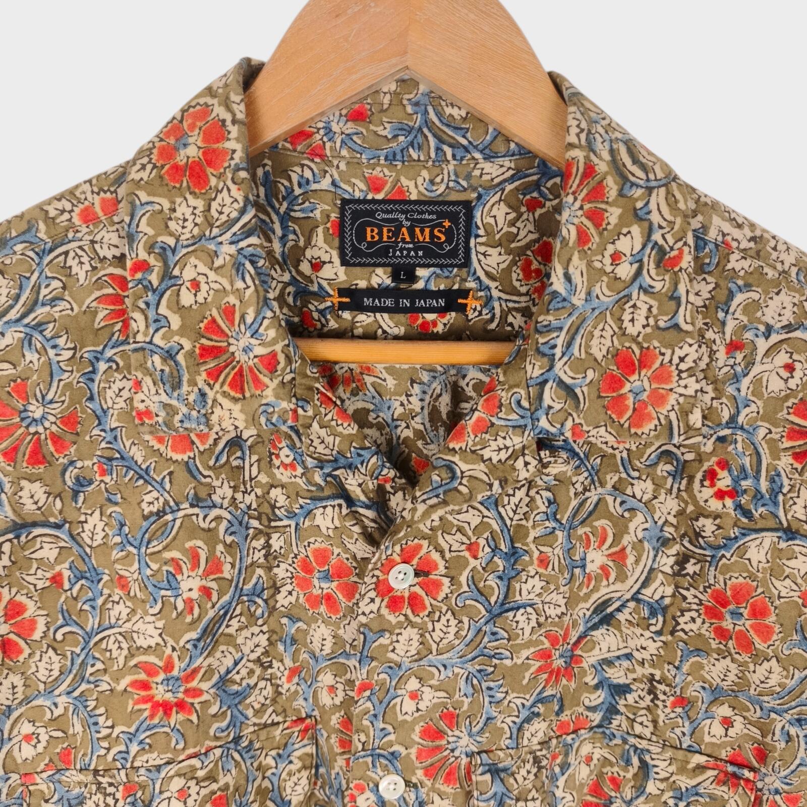 BEAMS PLUS Men's Made in Japan Floral Print Camp Collar Vacation Shirt