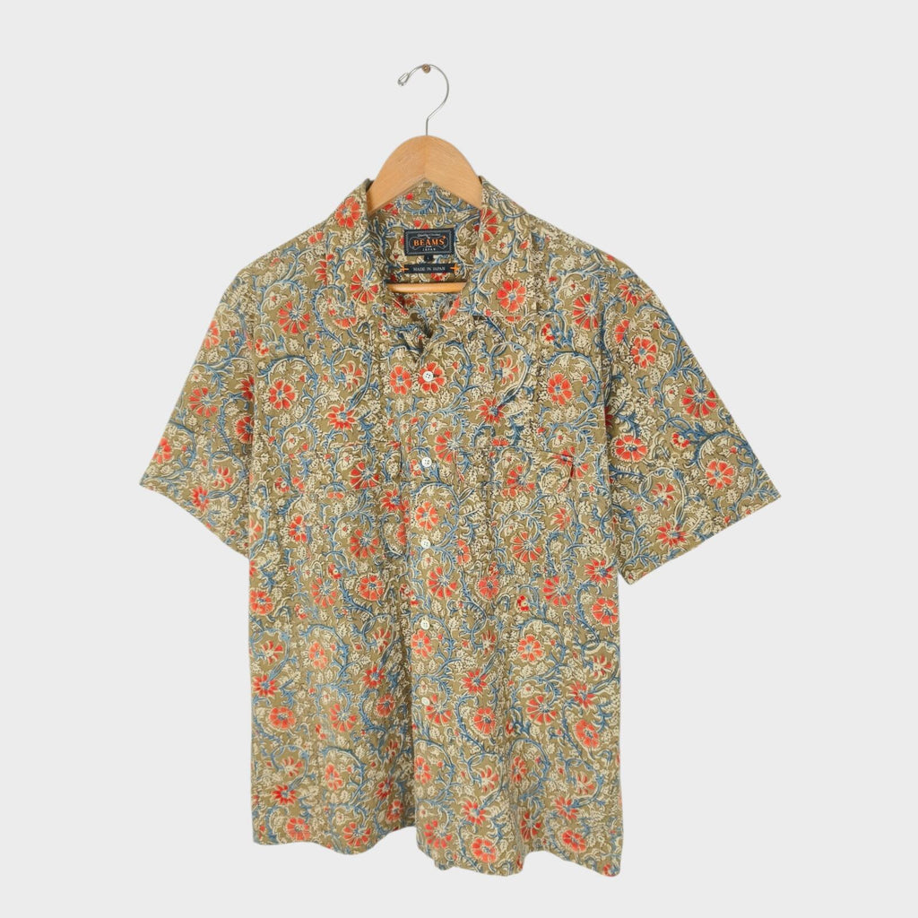 BEAMS PLUS Men's Made in Japan Floral Print Camp Collar Vacation Shirt