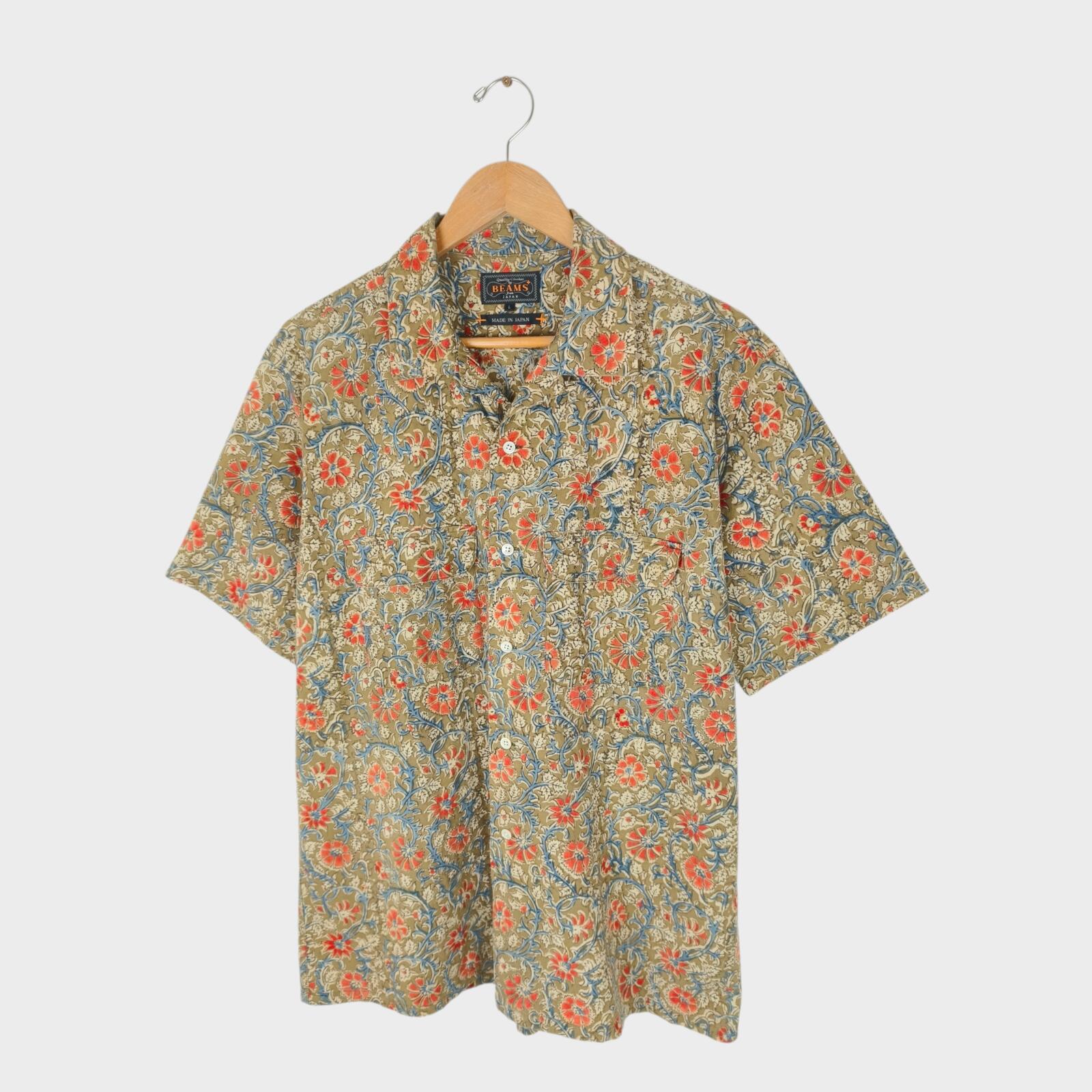 BEAMS PLUS Men's Made in Japan Floral Print Camp Collar Vacation Shirt