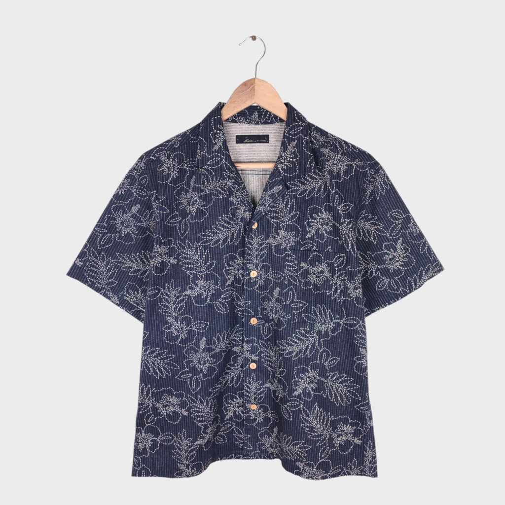 ETERNAL BICCHU KURASHIKI Men's Made in Japan Dark Blue Floral Sashiko Shirt