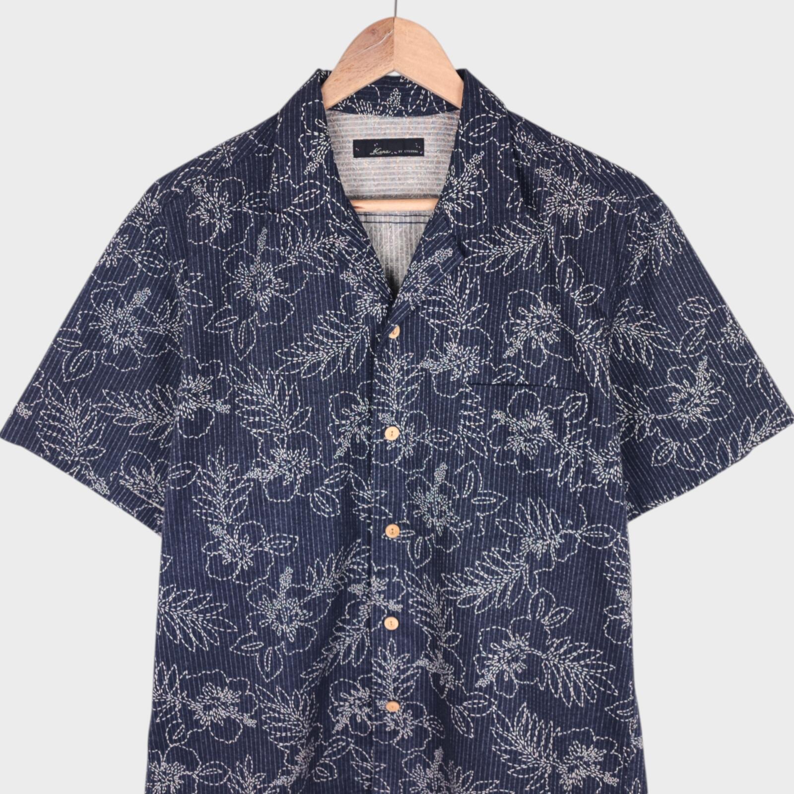 ETERNAL BICCHU KURASHIKI Men's Made in Japan Dark Blue Floral Sashiko Shirt