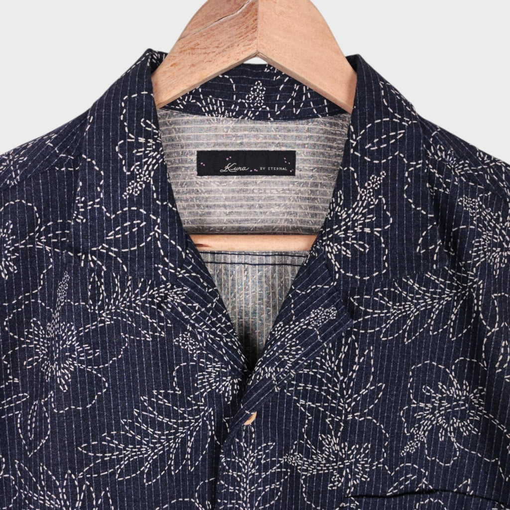 ETERNAL BICCHU KURASHIKI Men's Made in Japan Dark Blue Floral Sashiko Shirt