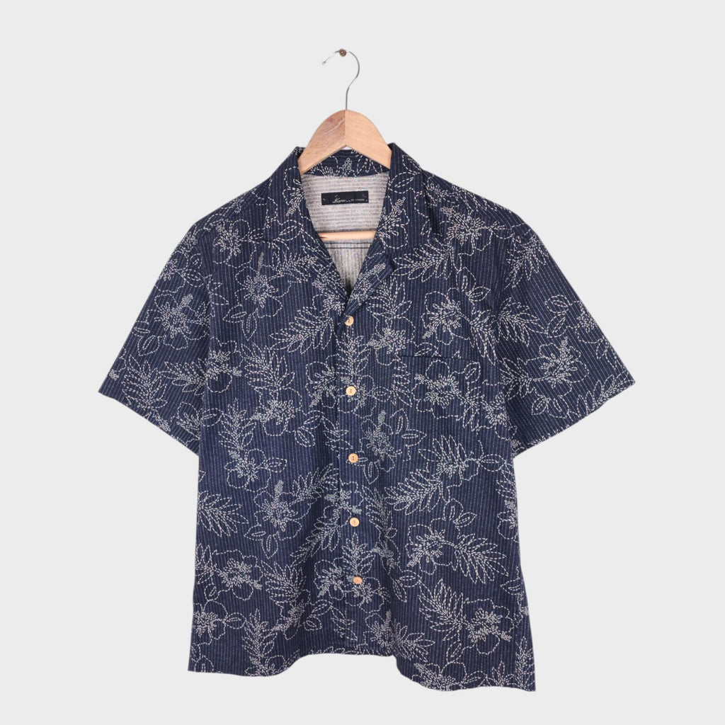 ETERNAL BICCHU KURASHIKI Men's Made in Japan Dark Blue Floral Sashiko Shirt