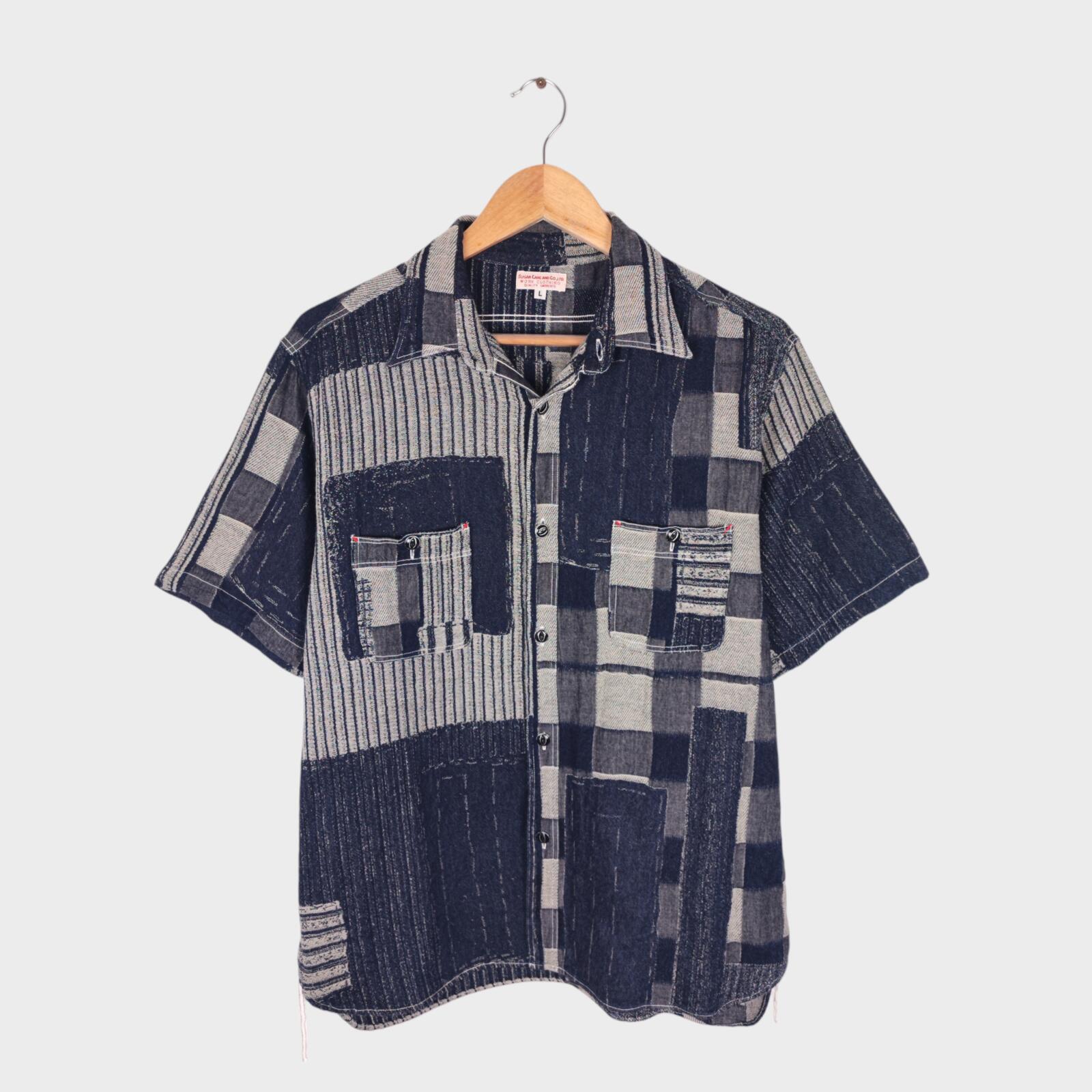 SUGAR CANE Men's Made in Japan Blue Patchwork Boro Short Sleeved Shirt
