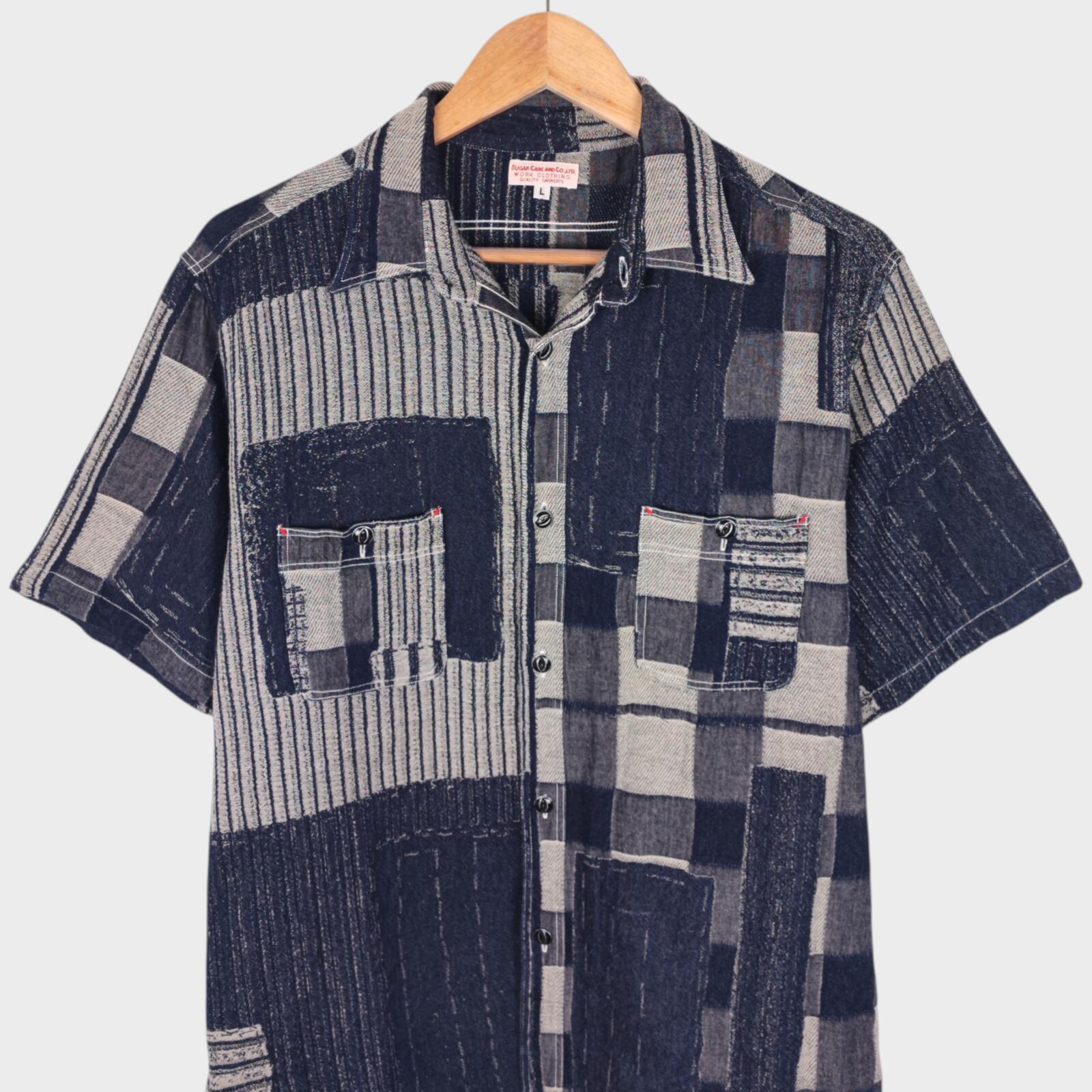 SUGAR CANE Men's Made in Japan Blue Patchwork Boro Short Sleeved Shirt