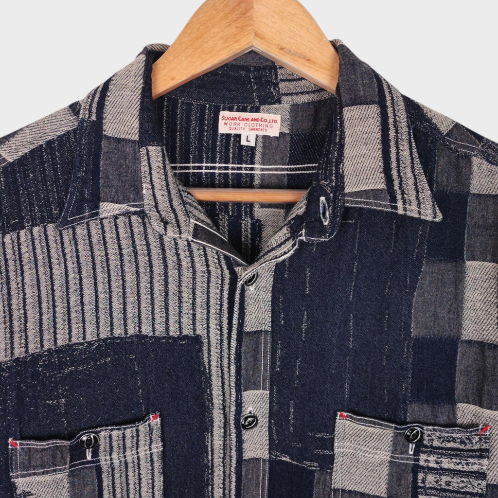 SUGAR CANE Men's Made in Japan Blue Patchwork Boro Short Sleeved Shirt