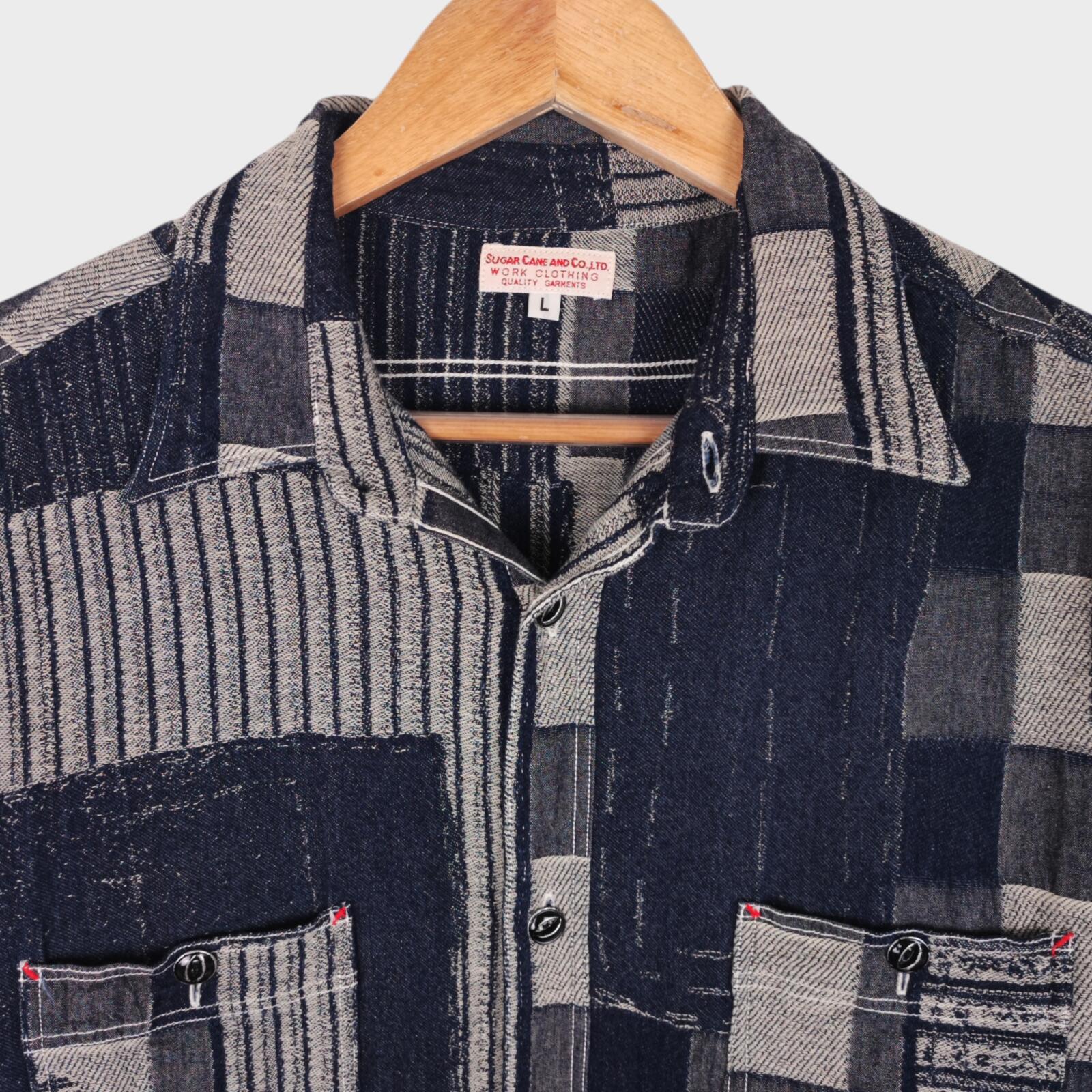 SUGAR CANE Men's Made in Japan Blue Patchwork Boro Short Sleeved Shirt