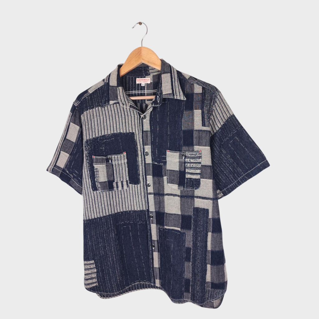 SUGAR CANE Men's Made in Japan Blue Patchwork Boro Short Sleeved Shirt