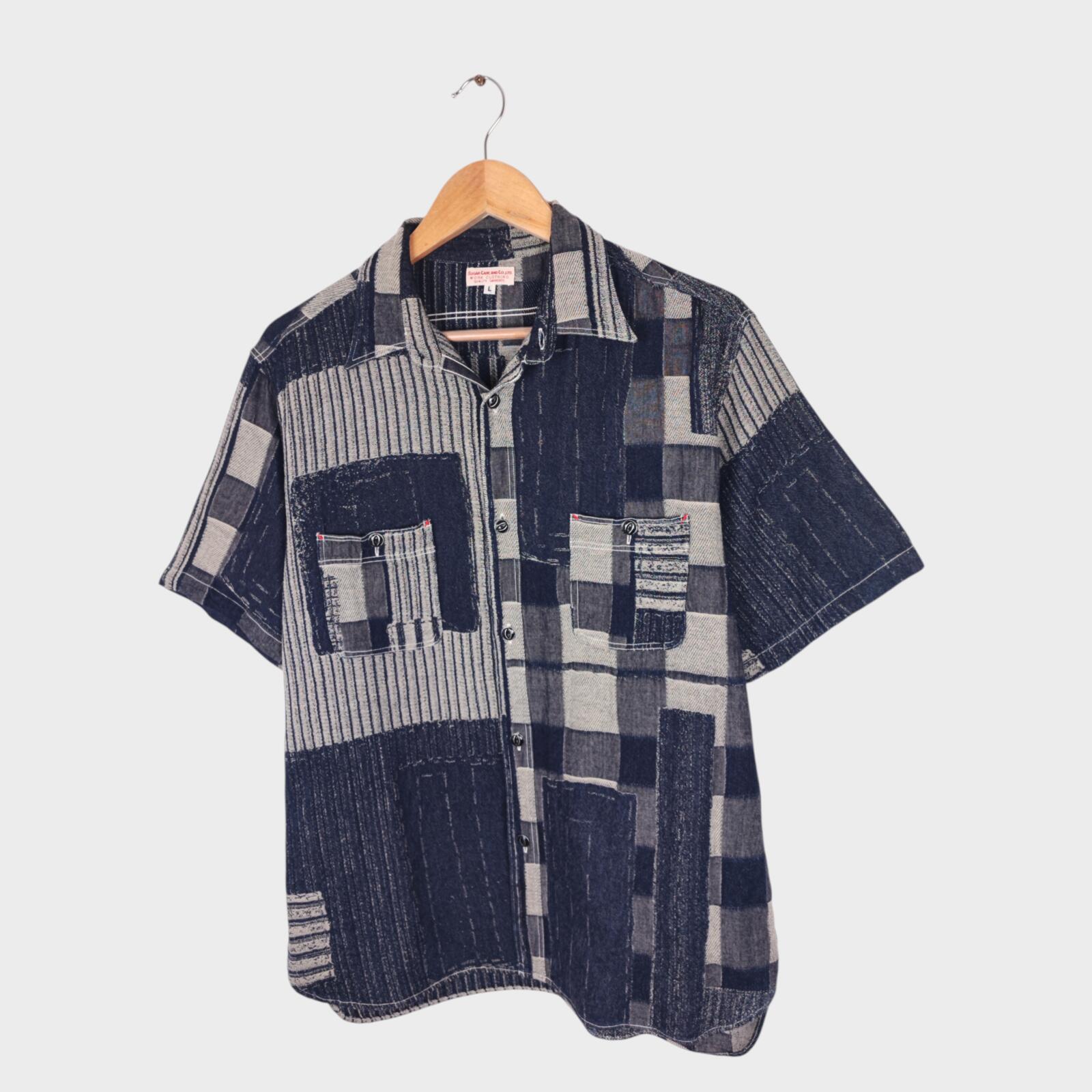 SUGAR CANE Men's Made in Japan Blue Patchwork Boro Short Sleeved Shirt