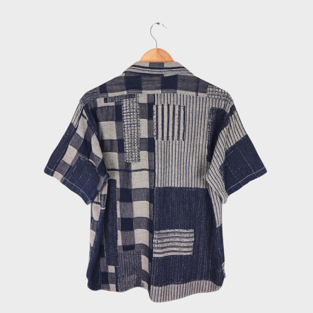 SUGAR CANE Men's Made in Japan Blue Patchwork Boro Short Sleeved Shirt