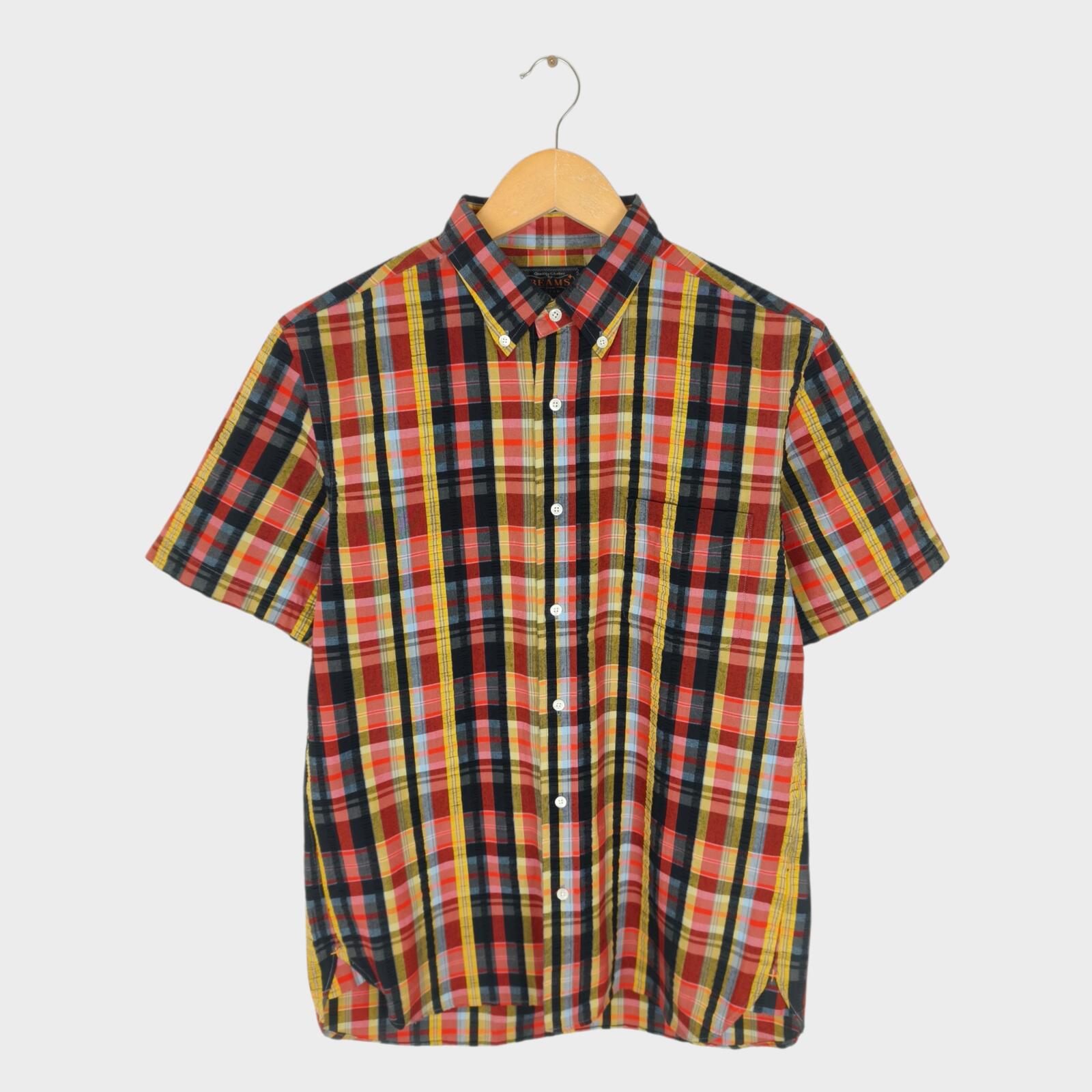 BEAMS PLUS Men's Made in Japan Checked Seersucker Short Sleeved Shirt