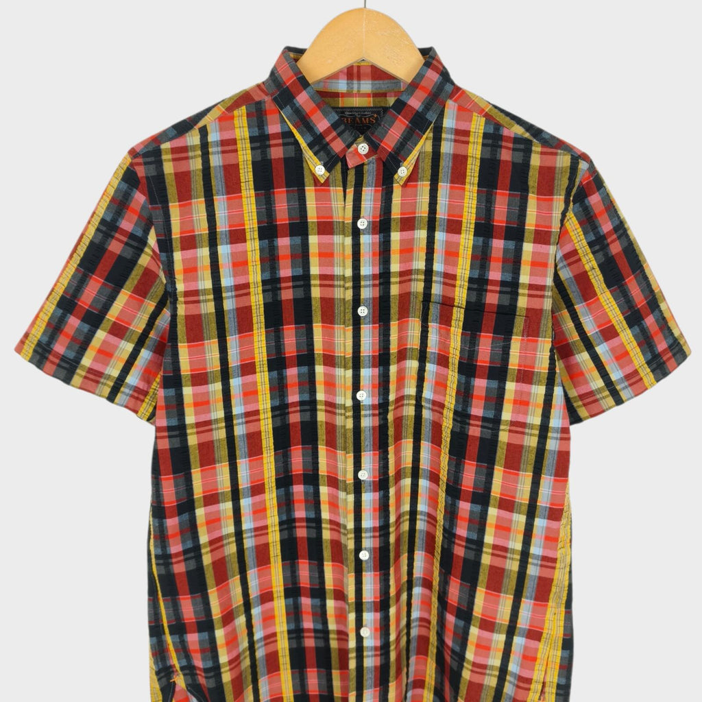 BEAMS PLUS Men's Made in Japan Checked Seersucker Short Sleeved Shirt