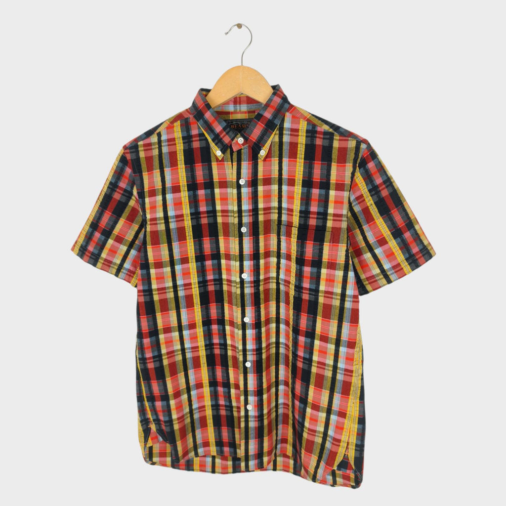 BEAMS PLUS Men's Made in Japan Checked Seersucker Short Sleeved Shirt