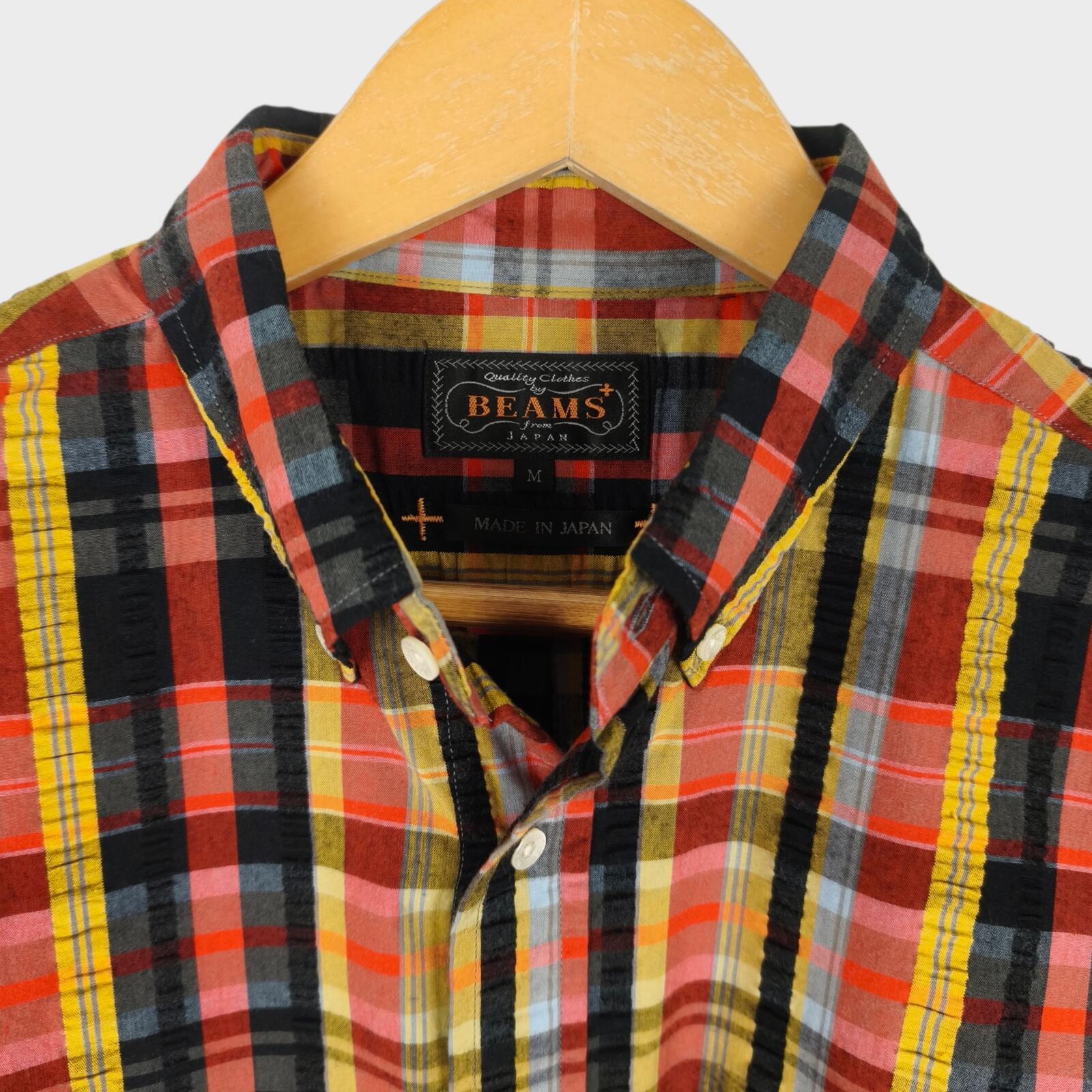 BEAMS PLUS Men's Made in Japan Checked Seersucker Short Sleeved Shirt