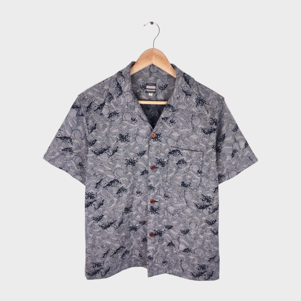 MOMOTARO Men's Made in Japan Grey/Indigo Peach Wave Jacquard Short Sleeved Shirt