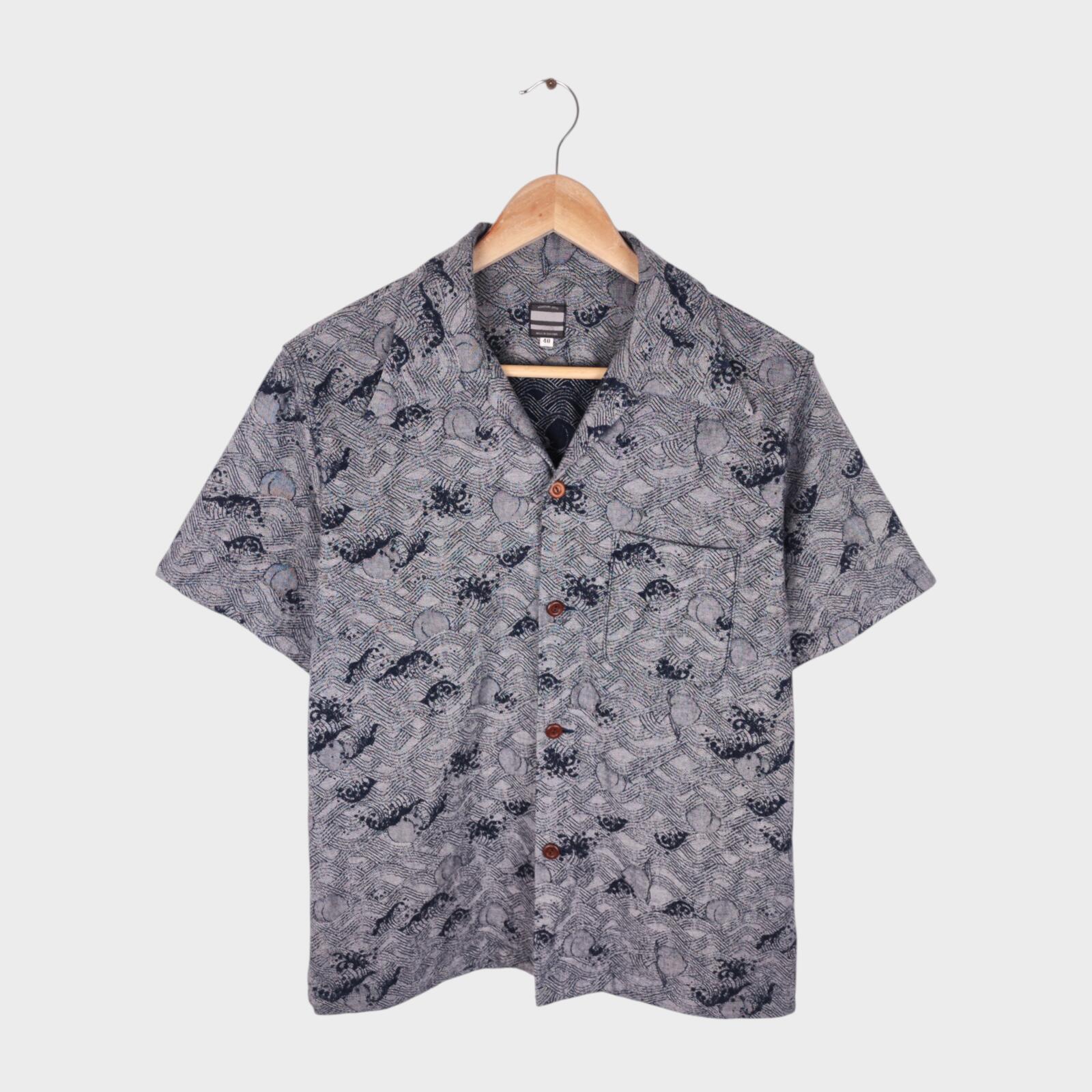 MOMOTARO Men's Made in Japan Grey/Indigo Peach Wave Jacquard Short Sleeved Shirt