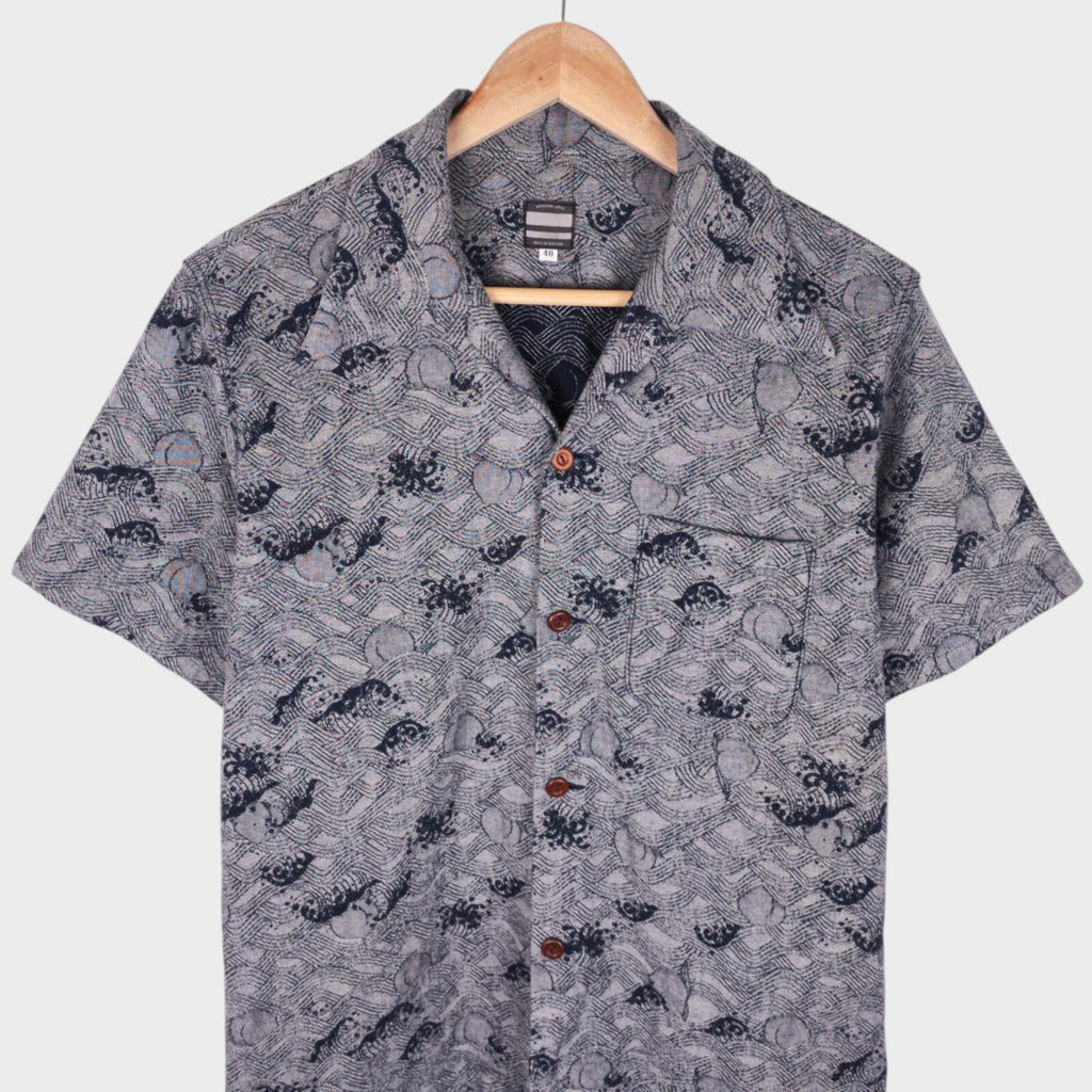MOMOTARO Men's Made in Japan Grey/Indigo Peach Wave Jacquard Short Sleeved Shirt