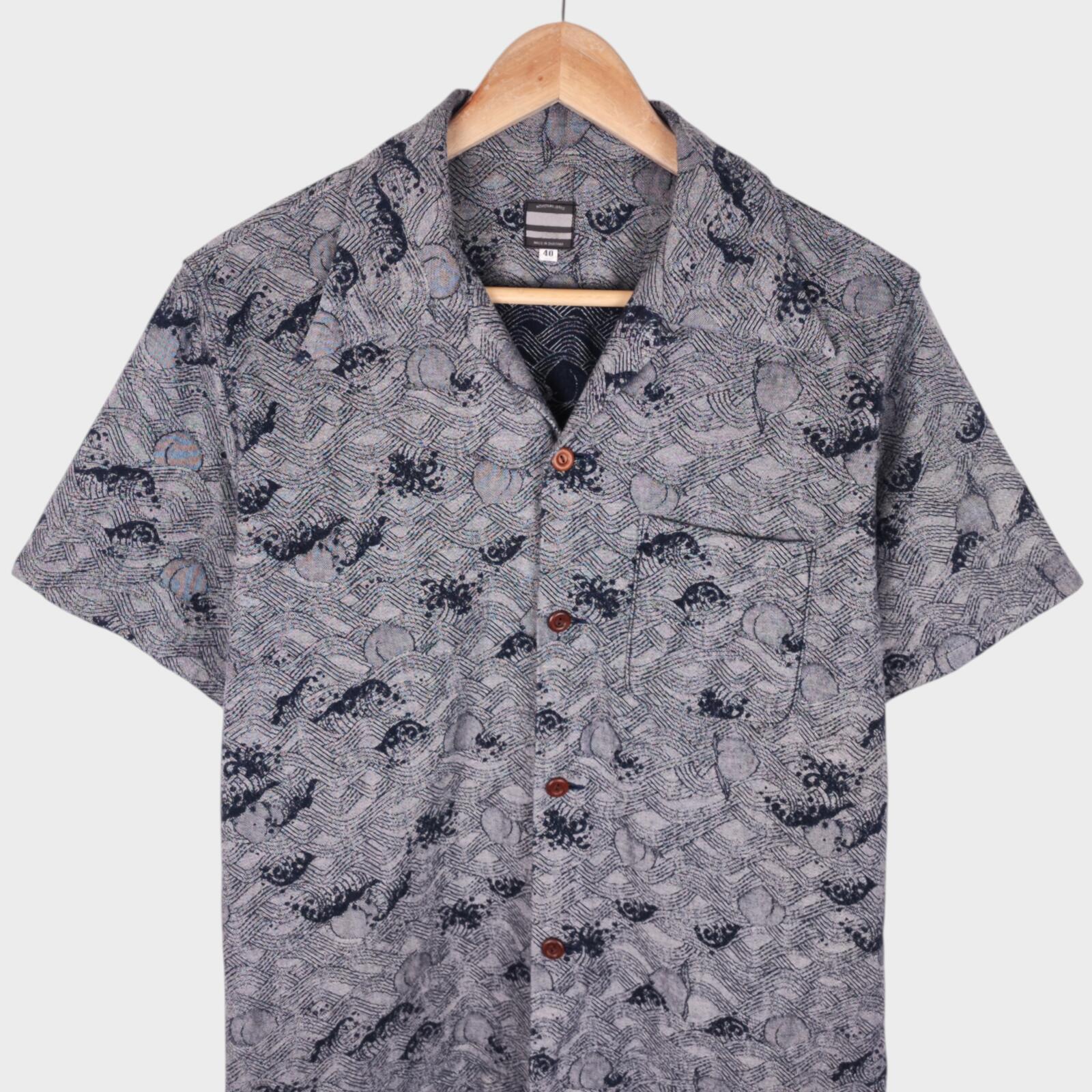 MOMOTARO Men's Made in Japan Grey/Indigo Peach Wave Jacquard Short Sleeved Shirt