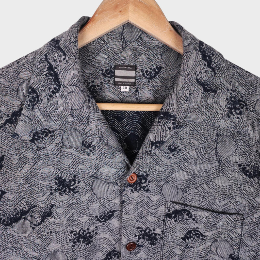 MOMOTARO Men's Made in Japan Grey/Indigo Peach Wave Jacquard Short Sleeved Shirt