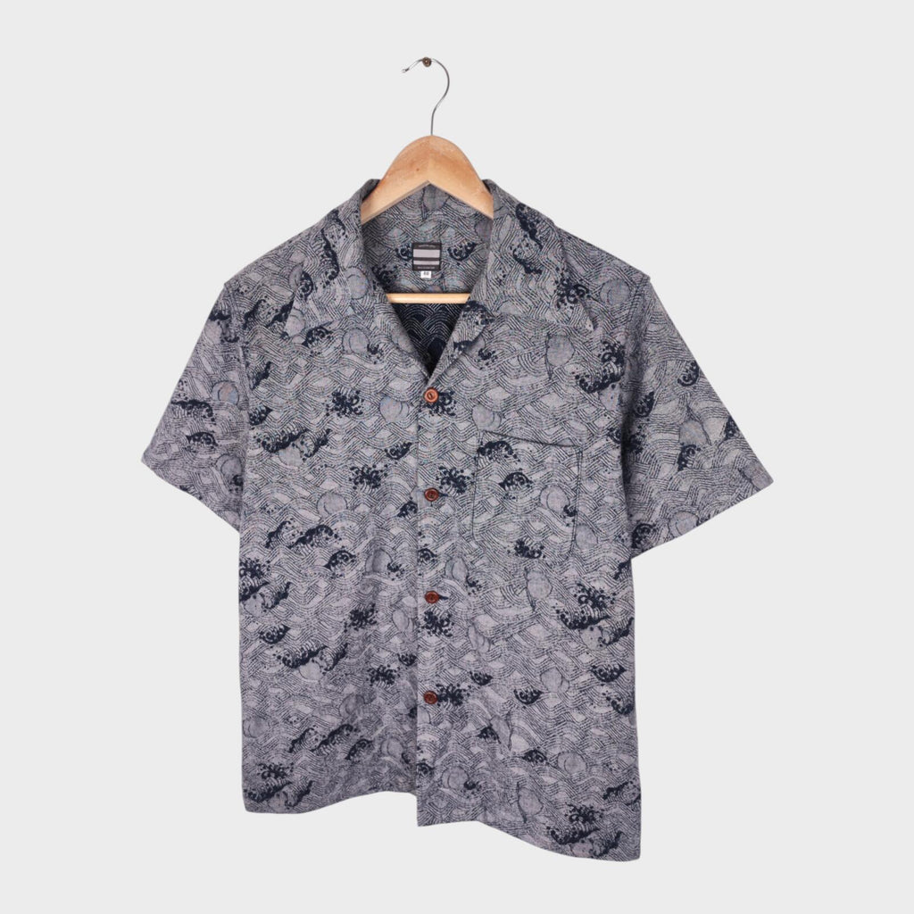 MOMOTARO Men's Made in Japan Grey/Indigo Peach Wave Jacquard Short Sleeved Shirt