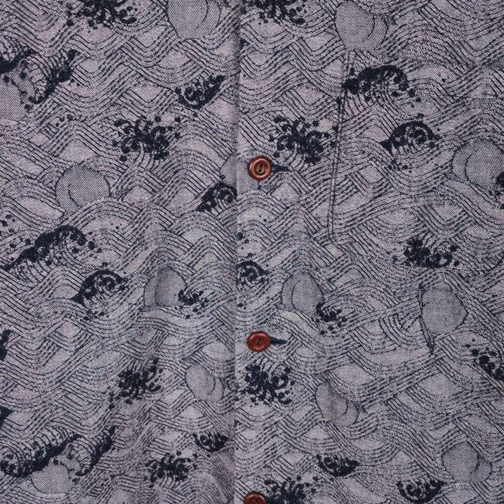 MOMOTARO Men's Made in Japan Grey/Indigo Peach Wave Jacquard Short Sleeved Shirt