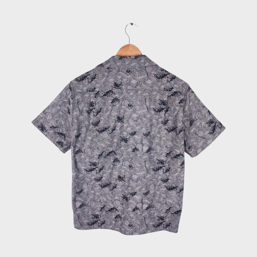 MOMOTARO Men's Made in Japan Grey/Indigo Peach Wave Jacquard Short Sleeved Shirt